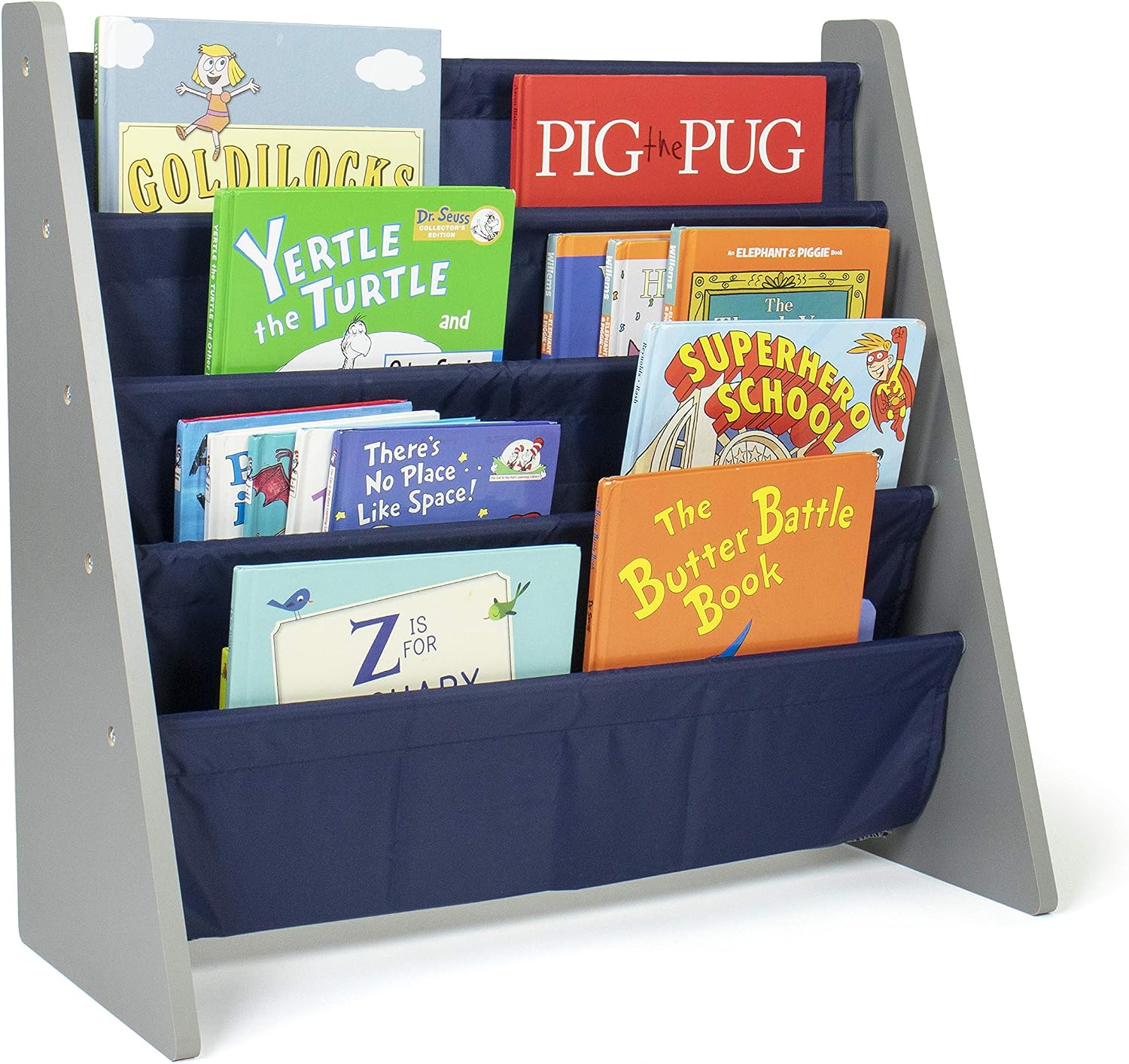 Humble Crew Kids Bookshelf, Montessori Front Facing Toddler Bookcase 4 Tier | Book display rack and reading nook organizer, nylon pockets show covers face out, compact for any playroom or bedroom space