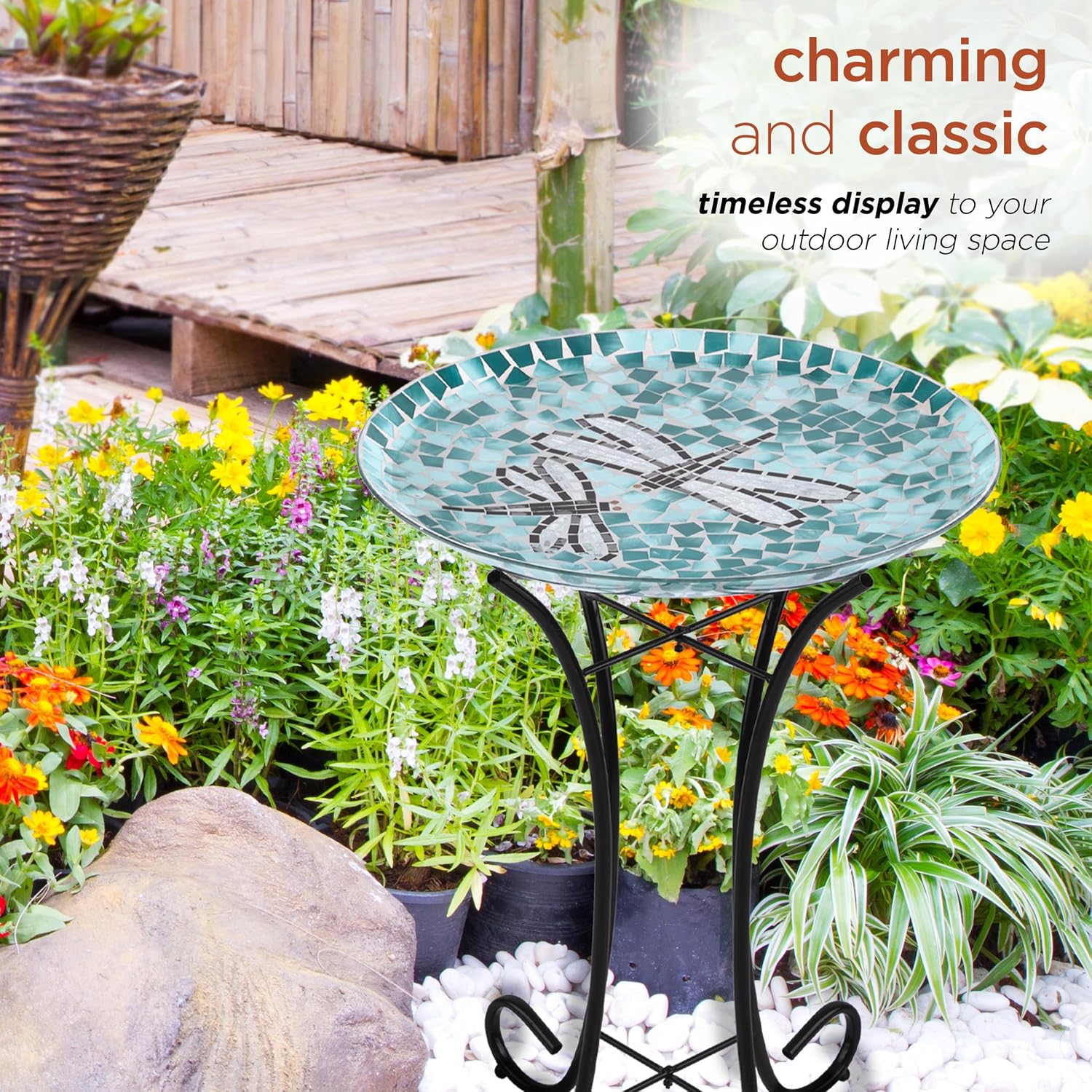 Alpine Corporation 24" Tall Outdoor Floral Mosaic Glass Birdbath with Metal Stand and Detachable 18 Inch Diameter Bowl, Garden Decor