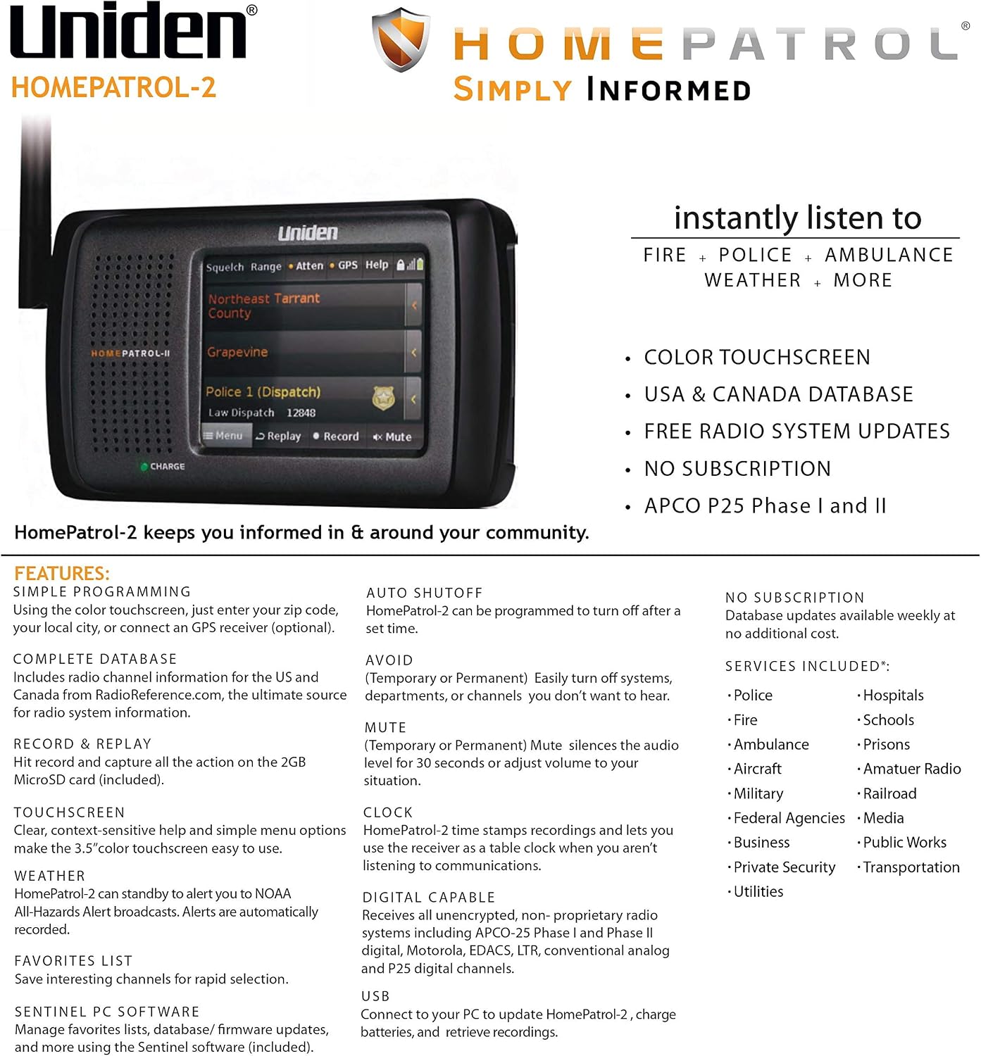 Uniden HomePatrol-2 Color Touchscreen Simple Programing Digital Scanner, TrunkTracker V and S, A, M, E, Emergency/Weather Alert, Digital Capable