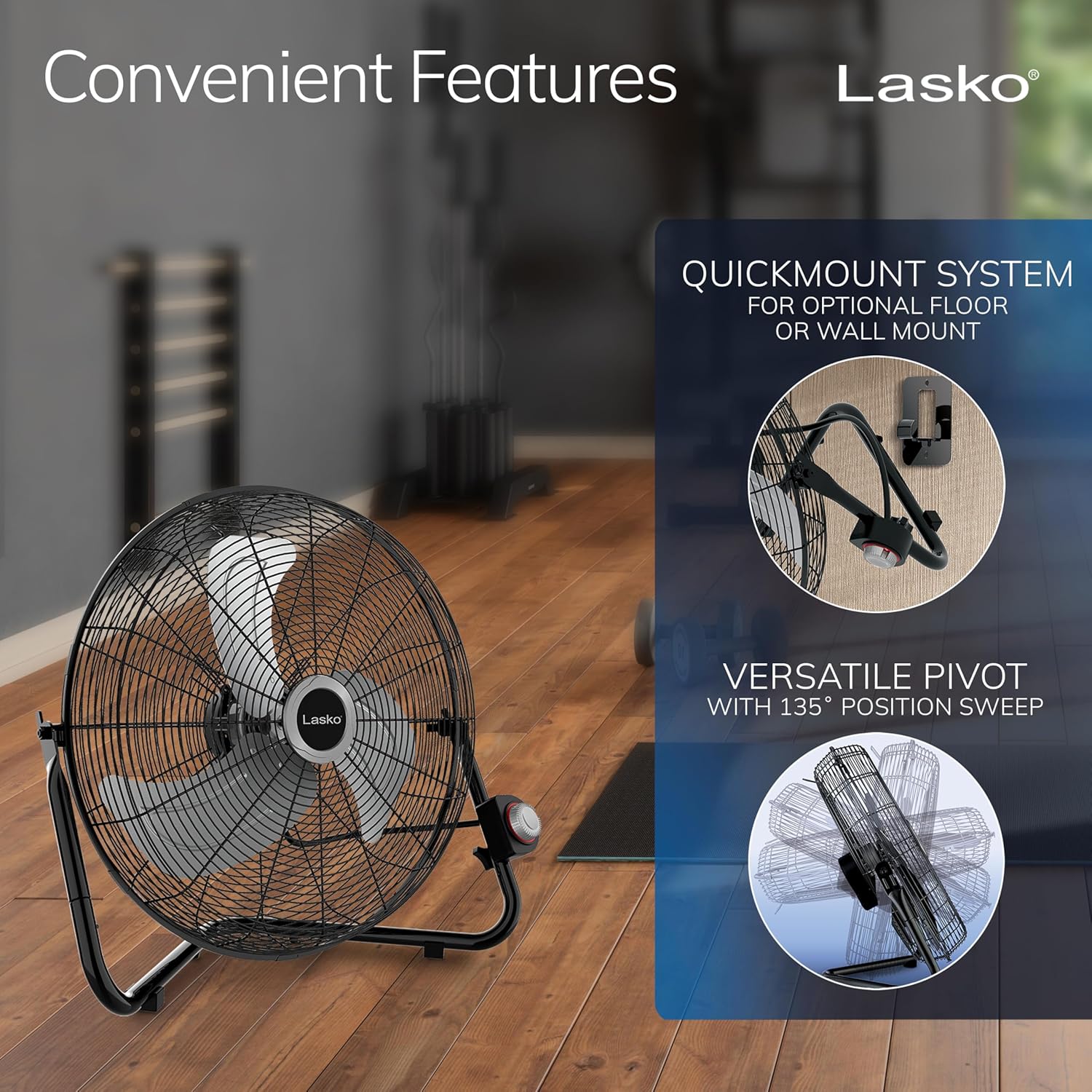 Lasko 20" Black High Velocity Wall Mount Fan with Pivoting Head - 3 Speeds, Ideal Wall Mount Fan or Floor Fans for Home, Garage, Attic, 2264QM