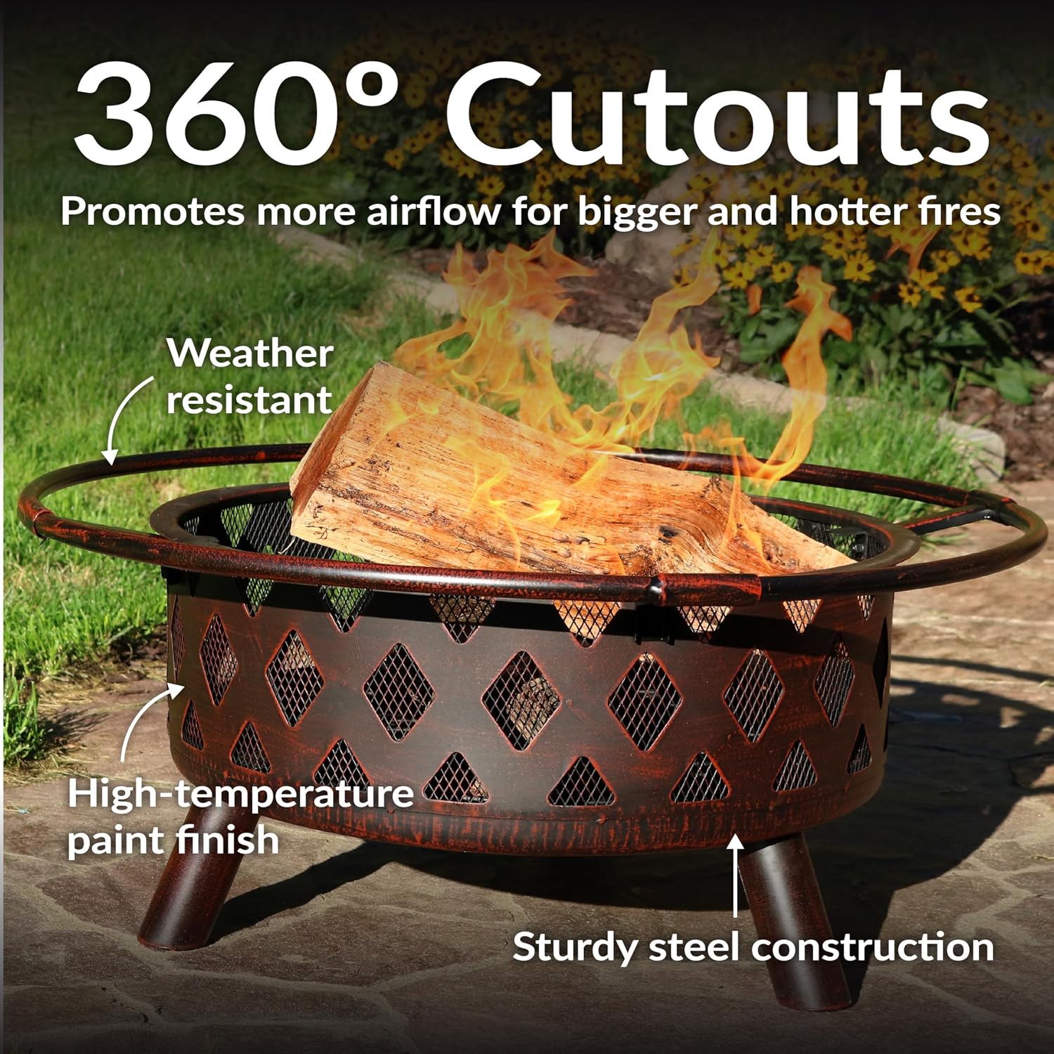 Sunnydaze Crossweave Large Outdoor Fire Pit, Wood Burning, Round, 36" | Black, Heavy Duty Steel Metal, Patio Fire Pit with Spark Screen, Poker, & Cover, Wood Firepit for Outside, Backyard, or Deck