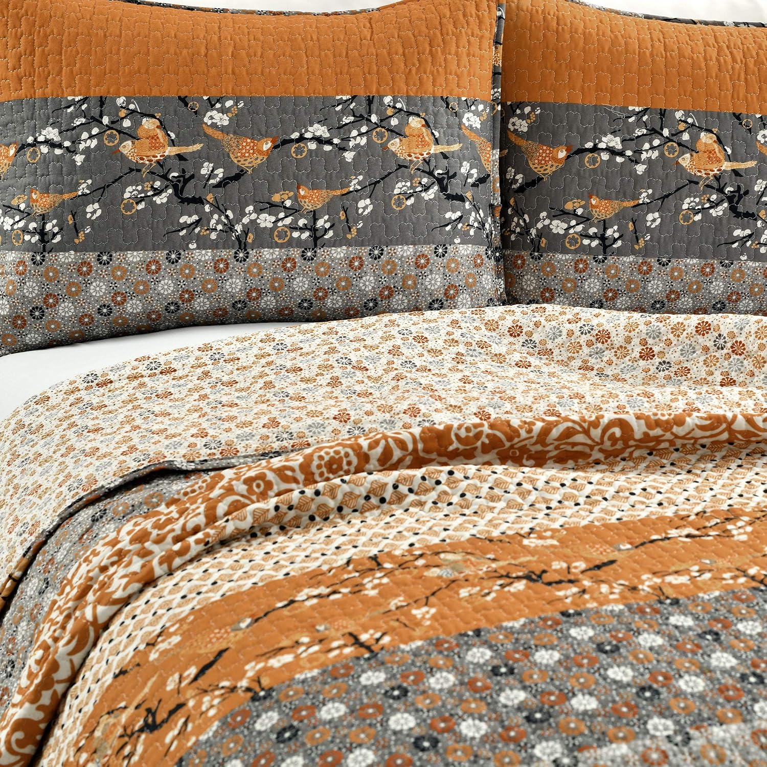 Lush Decor Royal Empire Reversible Cotton Quilt Set, 3 Piece Set Full/ Queen, Plum - Striped Bedding Set - Floral Quilt Queen Size - Purple Bedding - Boho Decor
