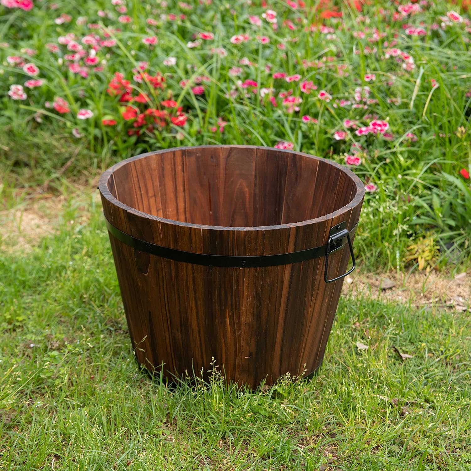 Rustic Wooden Whiskey Barrel Planter with Durable Medal Handles and Drainage Hole - Perfect for Indoor and Outdoor Plants, Herbs, and Vegetables - Medium