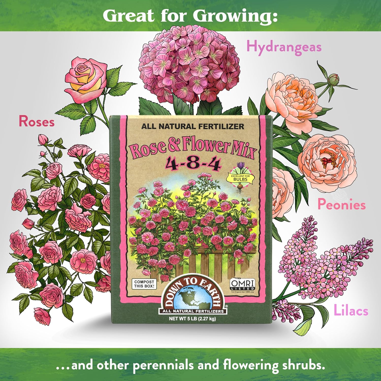Down To Earth All Natural Fertilizers Organic Rose & Flower Mix - 1 lb | Plant Food for Roses, Bulbs, Flowers, Ornamentals, Perennials, 4-8-4 Formula for Flower Beds, Container Gardens