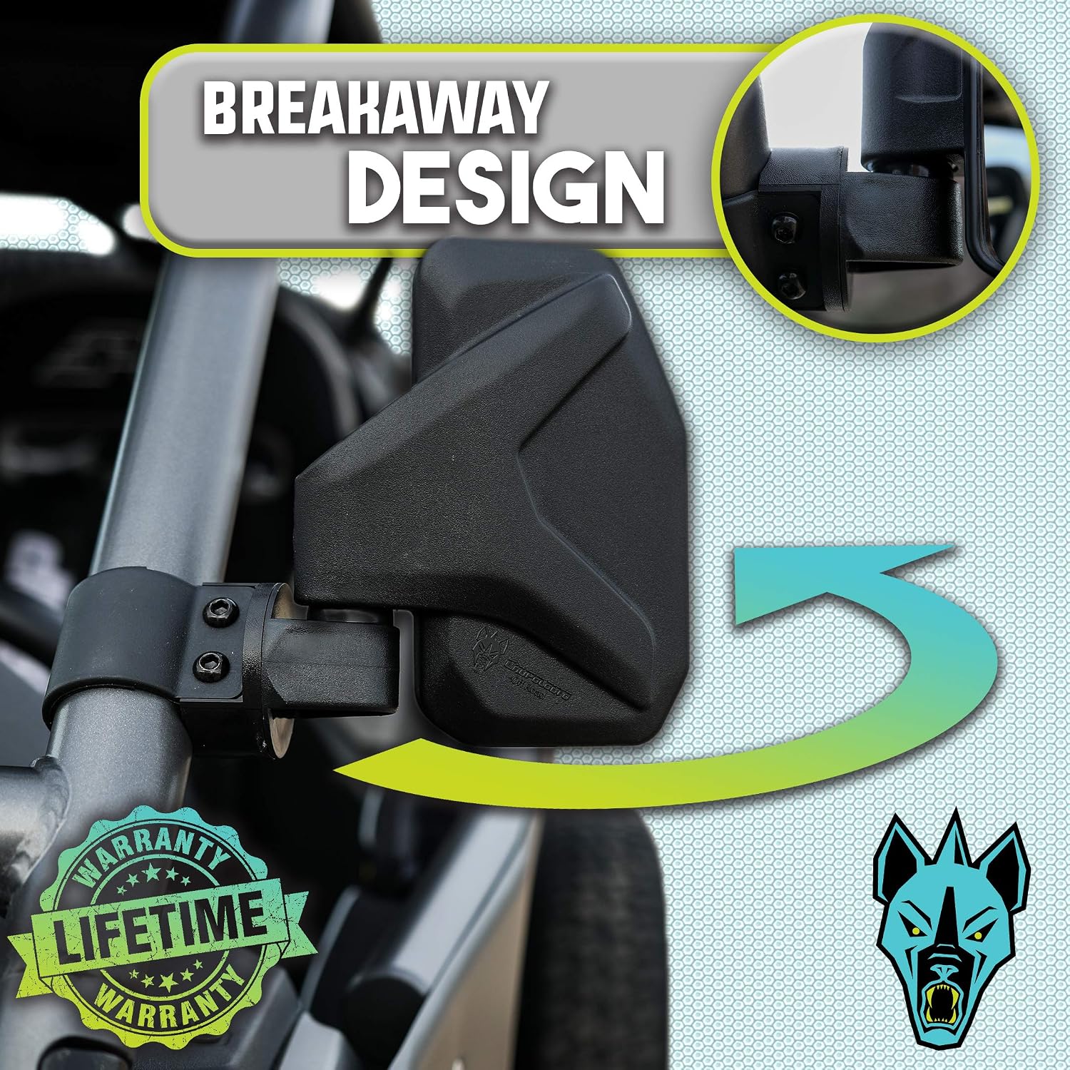 Chupacabra Offroad Rear View Side Mirror for UTV (Pack of 2) Polaris Ranger Pro Fit/General/Defender Break Away w/Adjustable Arm - (Driver and