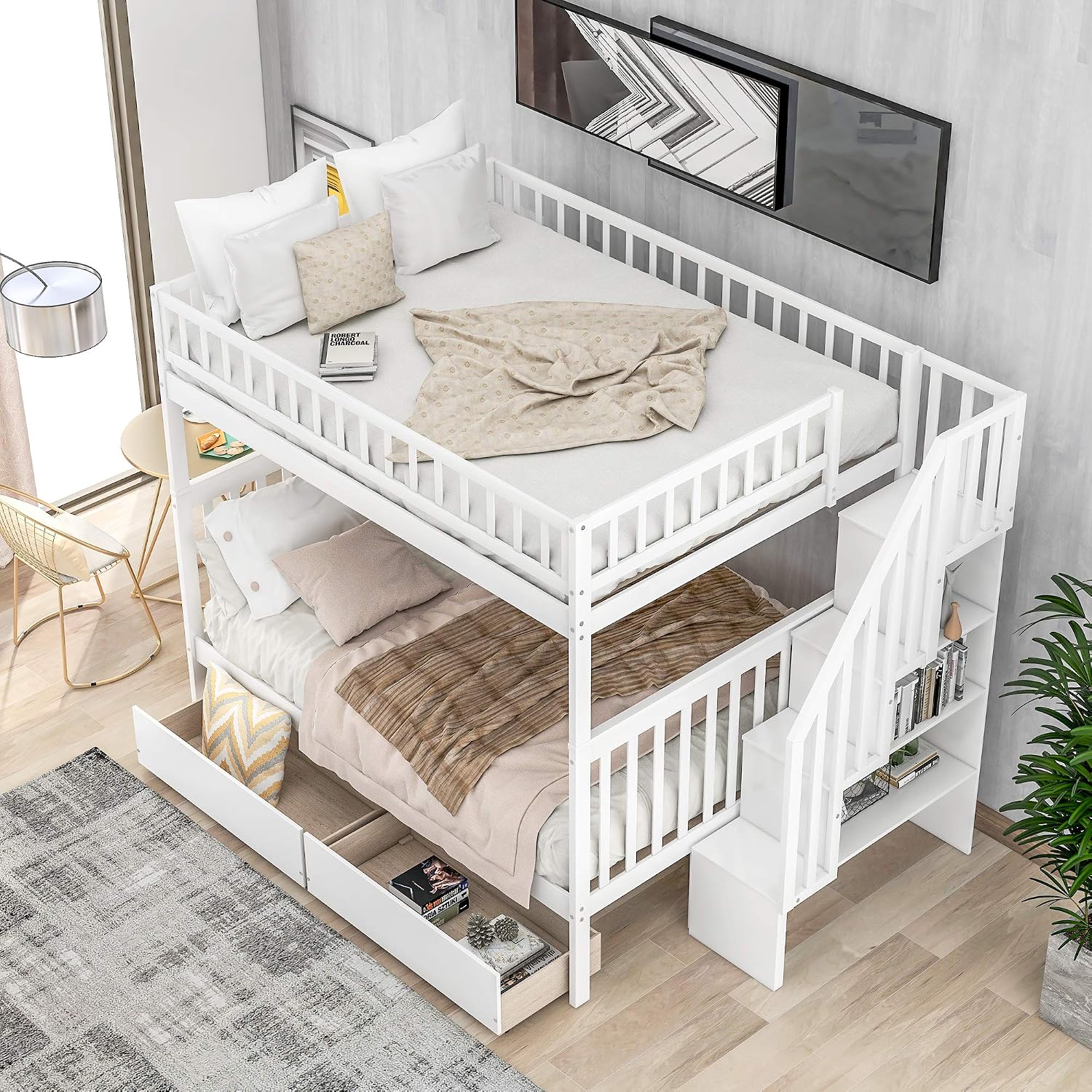 Bellemave Full Over Full Bunk Beds with Stairs Stairway Bunk Bed Frame with Storage Shelves for Teens Adult, Detachable Wood Full Bunk Bed, Gray