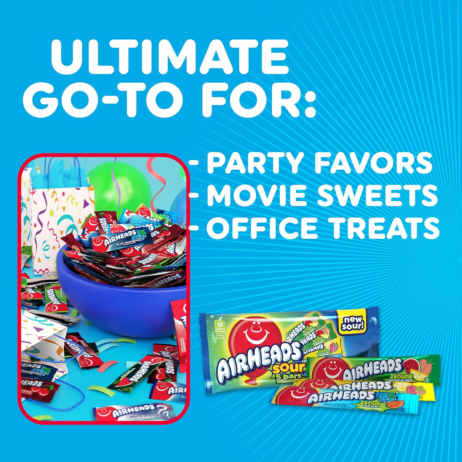 Airheads Full-Size Candy Bars, Assorted Taffy Variety Pack, 60 Count Box | Individually Wrapped Bulk Candy, Six Assorted Fruit Flavors, Artificially Flavored