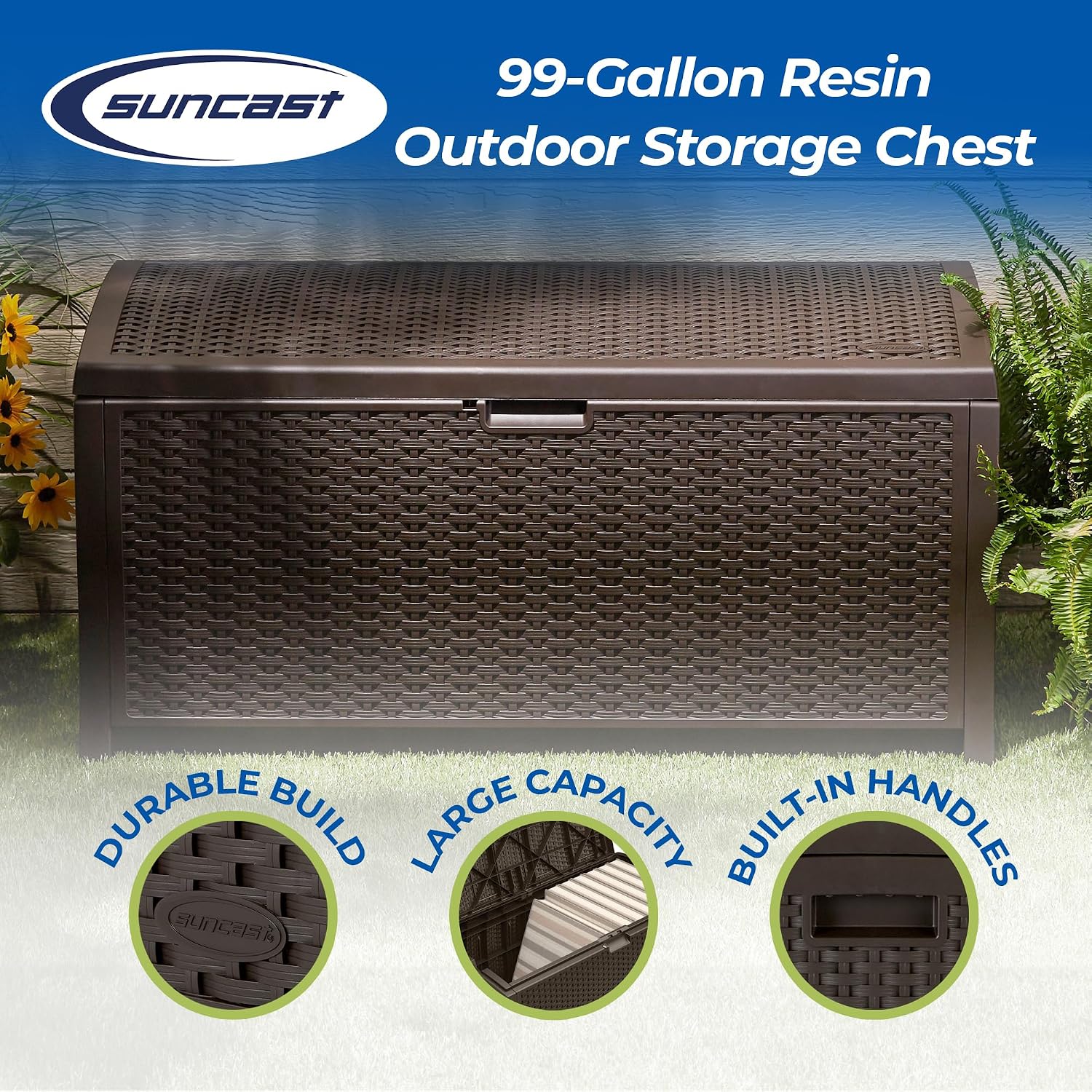 Suncast 99 Gal Wicker Resin Deck Box, Storage Chest Bin with Handles, Java