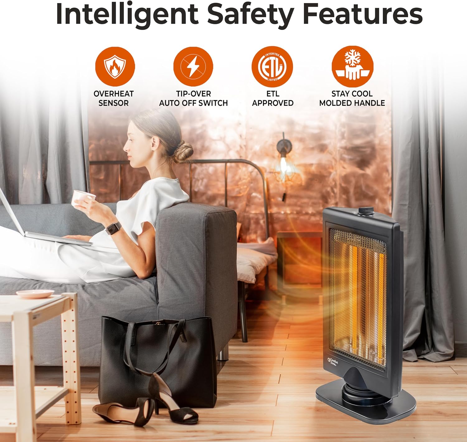 Comfort Zone Oscillating Portable Space Heater, Flat Panel, Halogen, Infrared, Electric, Adjustable Tilt, Overheat Sensor, Stay-Cool