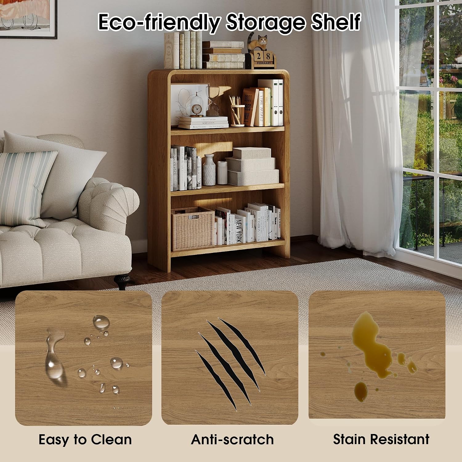 Bevfint 44" Bookcase Tall 3 Shelves Wood Bookshelf with Curved Soft Edges, Heavy Duty Storage Cabinet for Professional Home Office and Living Room, Modern Natural Oak Grain Finish