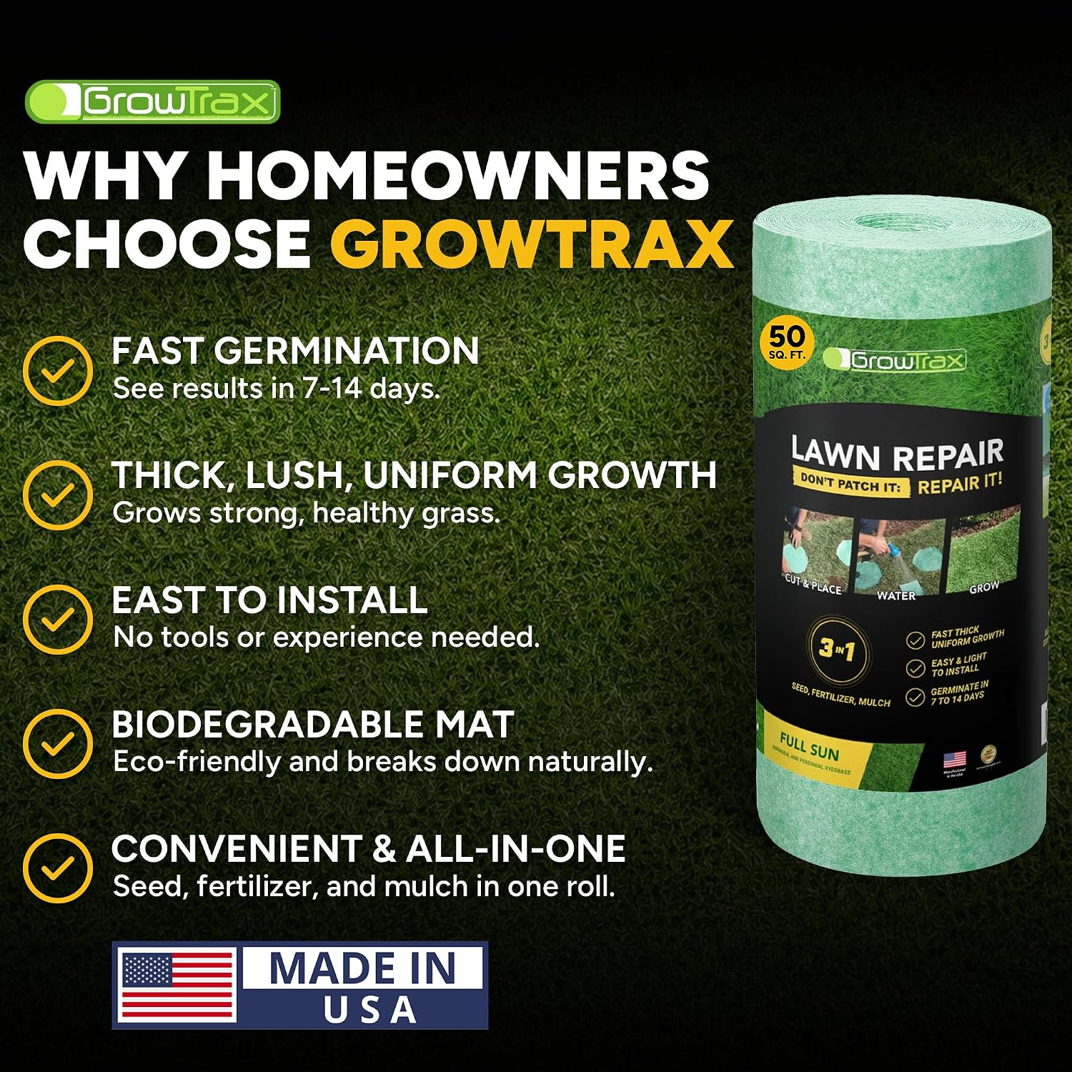 Growtrax Biodegradable Grass Seed Mat - 50 Sq Ft Bermuda Rye | Grass Seed and Fertilizer for Lawns, Dog Patches & Shade, Just Water and Grow