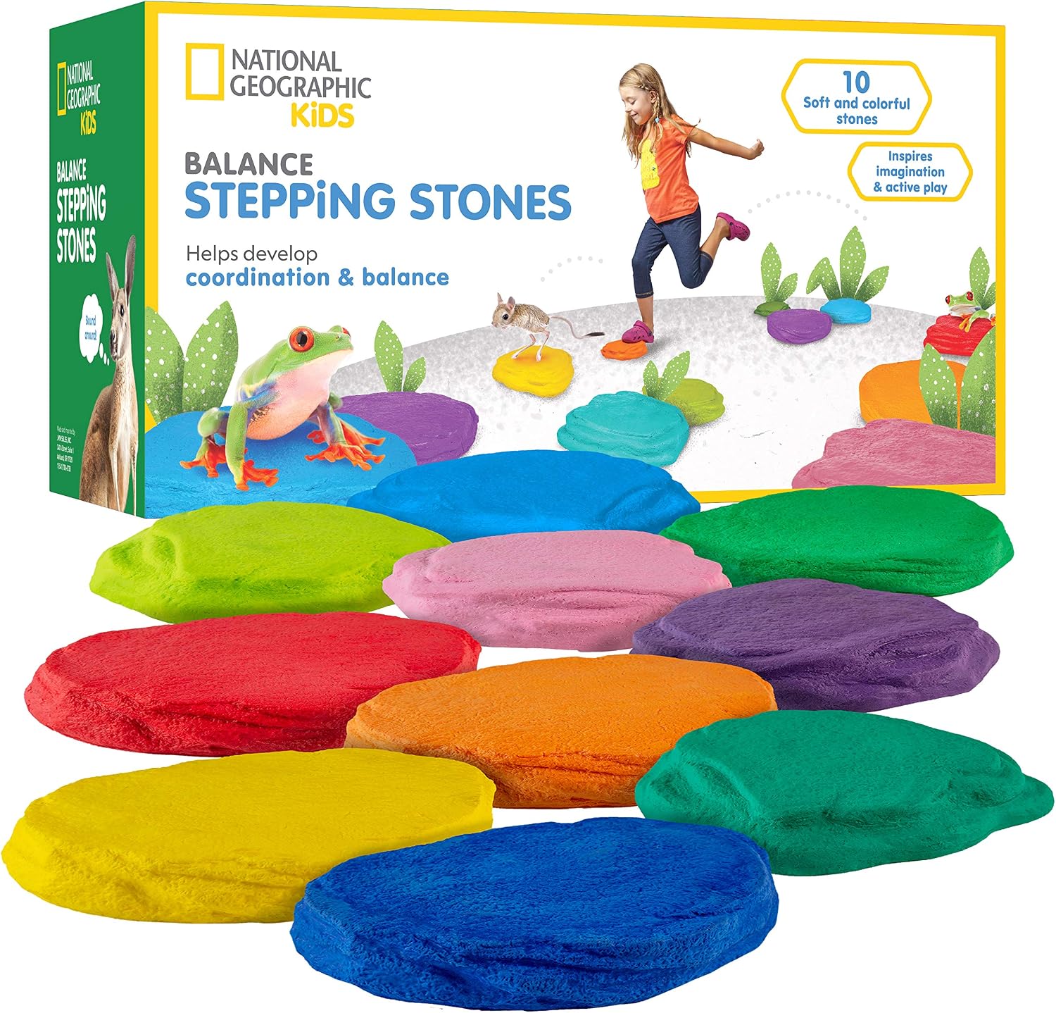 NATIONAL GEOGRAPHIC Stepping Stones for Kids – 10 Soft Durable, Encourage Toddler Balance & Gross Motor Skills, Indoor & Outdoor Toys