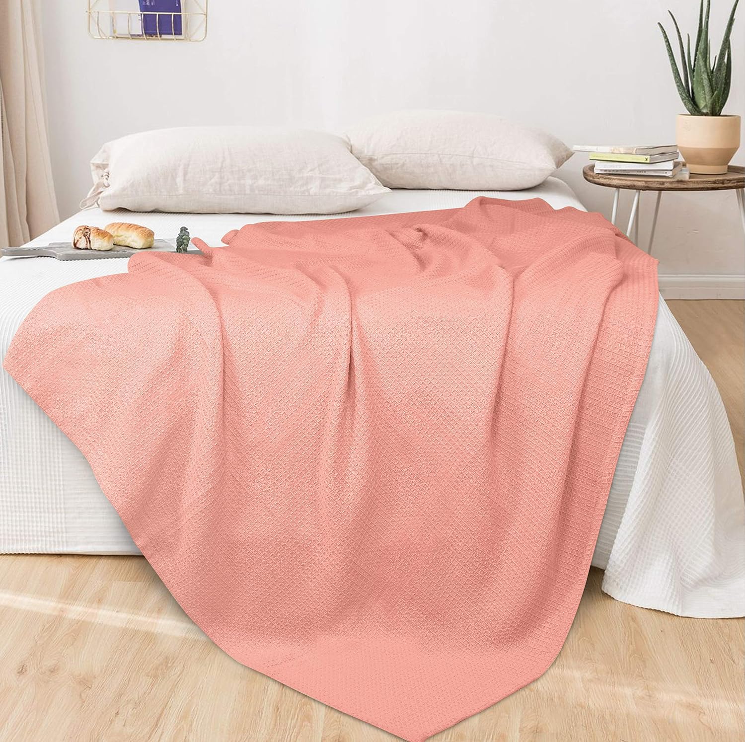 Glamburg 100% Cotton Thermal Bed Blanket, Soft Waffle, Queen Size, All Season, Navy Blue