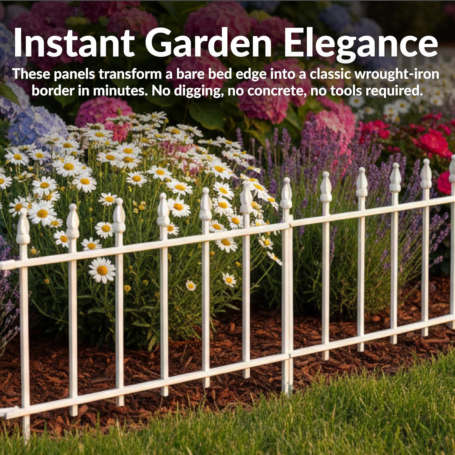Sunnydaze Decorative Garden Fence Border, 9ft, 5 Panels, Black | 22" W x 18" H No Dig Metal Edging for Flower Beds, Yard, Lawn, Pathways & Landscaping, Roman Finial Design