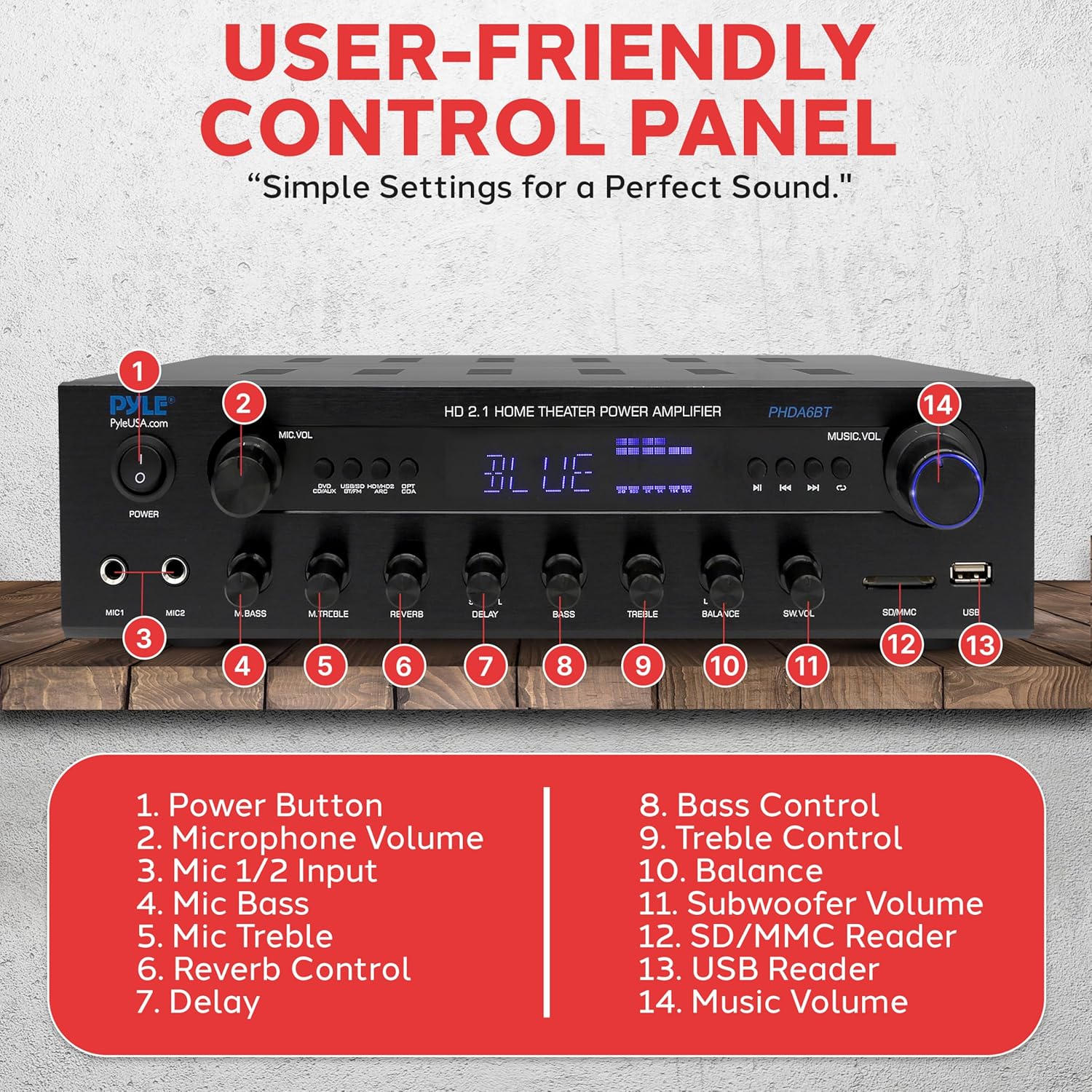 Pyle 400w Home Entertainment Amplifier with Bluetooth - Karaoke Optimized with Dual Mic Inputs with Reverb and Delay