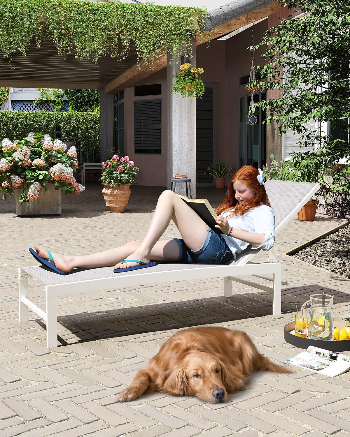 Crestlive Products Outdoor Pool Lounge Chairs Set of 2 with Side Table, Adjustable Five-Position Recliner for Beach, Pool, Sunbathing, Lawn