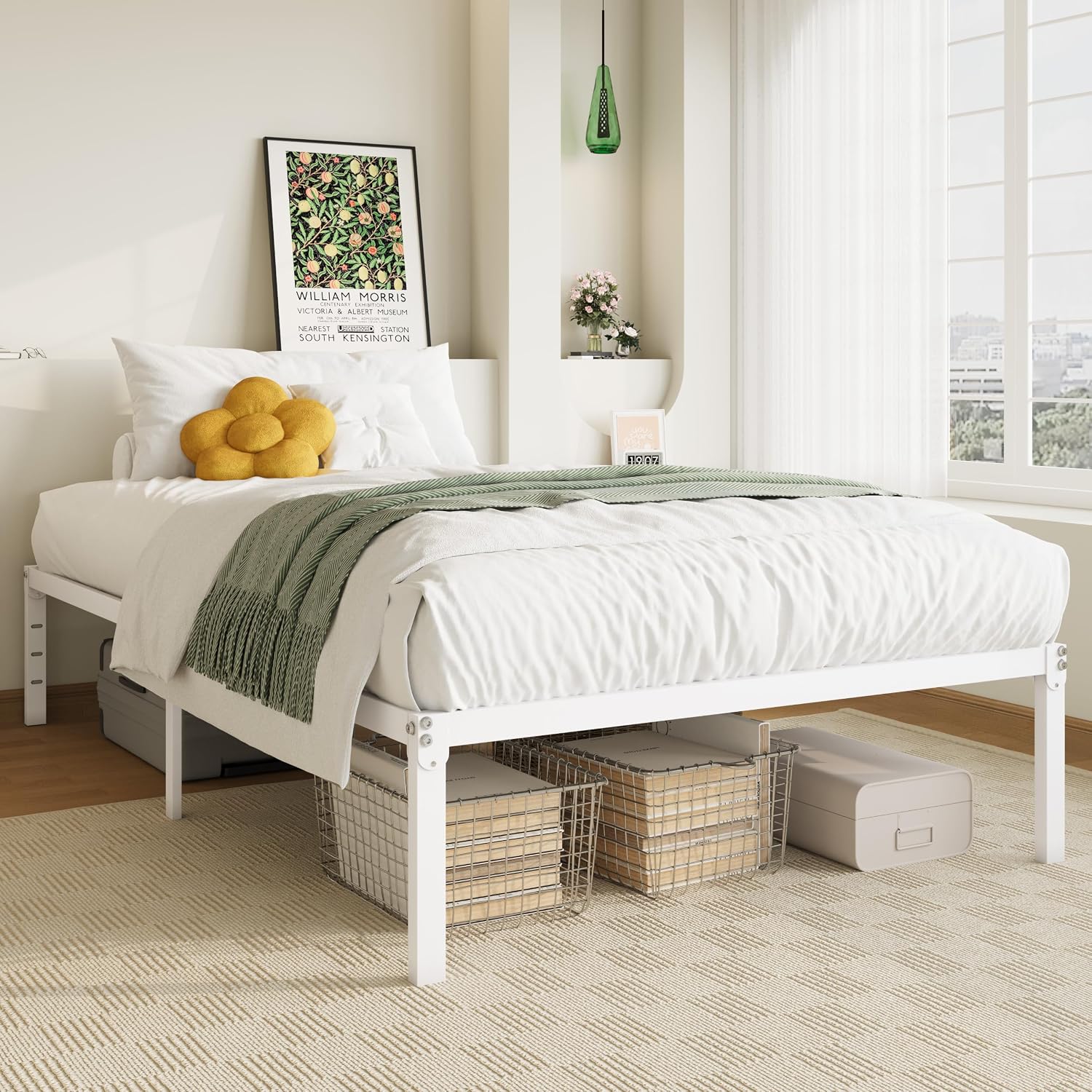 Allewie Full Size Bed Frame, 14 inch Metal Platform Beds with Storage Space, No Box Spring Needed and Easy Assembly, White