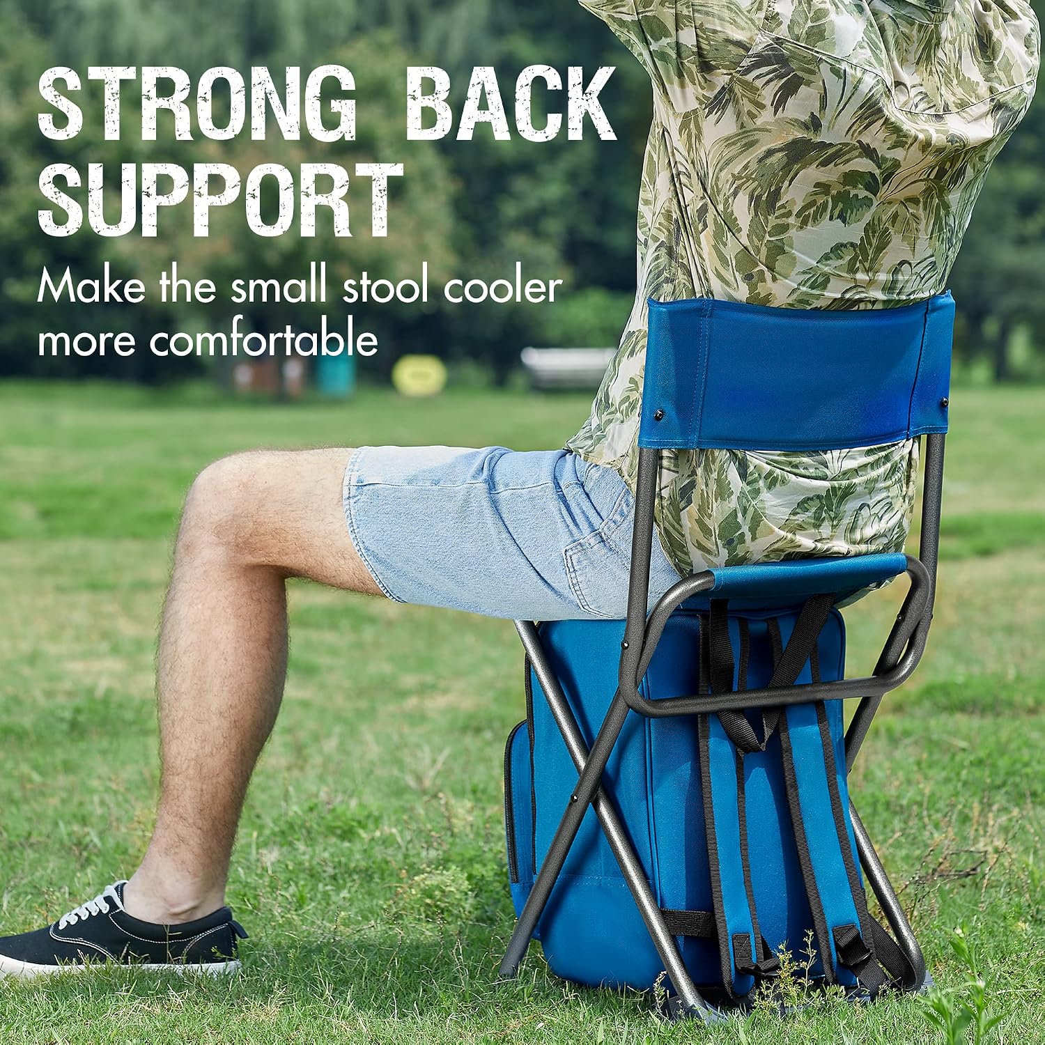 Portal Backpack Cooler Chair with Backrest, Portable Folding Stool | Blue, up to 350 lbs, Cup Holder, Zipper Pocket, Non-slip Foot