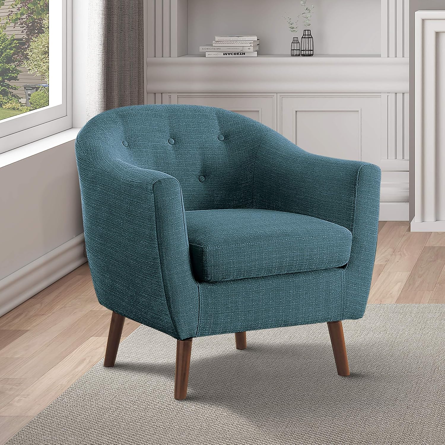 Homelegance Lucille Modern Accent Chair, Upholstered Reading Chair with Button-Tufted Back, Sloped Arms, Removable Seat Cushion Cover and Espresso Wood Legs, for Living Room, Bedroom or Office, Blue