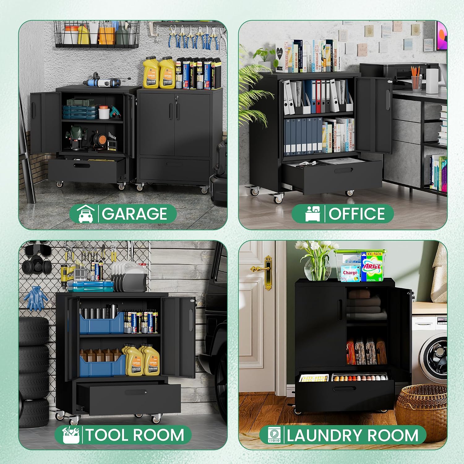 Garage Cabinets,Metal Garage Storage Cabinet with Wheels,Black Lockable Rolling Tool Cabinet with Drawer and Adjustable Shelves,Heavy Duty Tool Chest for Home Office Utility Room