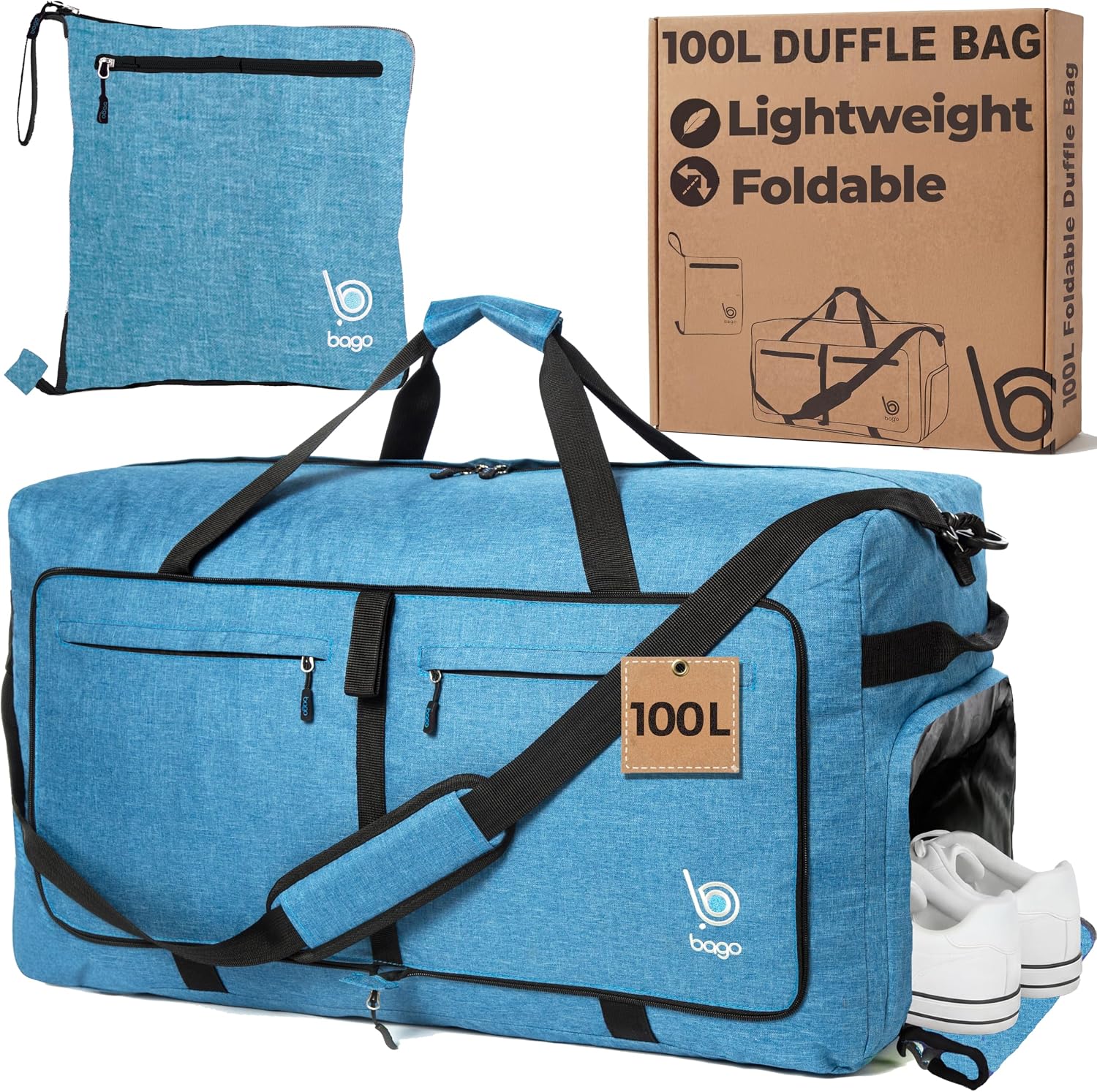 Bago Large Duffle Bag for Travel Women & Men. Durable Lightweight Foldable Travel Duffel Bags For Traveling Women. 80L Duffle Bags For Overnight Bag With Shoe Compartment Collapsible Weekender duffel