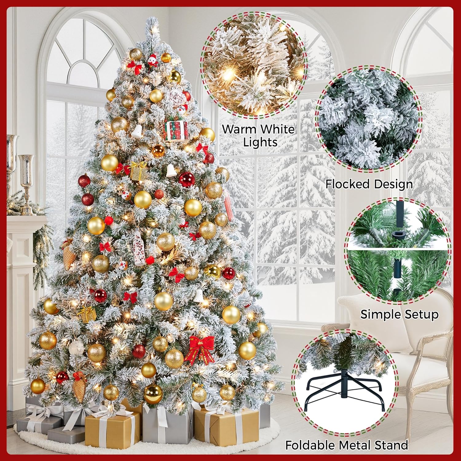 Yaheetech 7.5ft Pre-Lit Snow Flocked Artificial Christmas Tree, 550 Lights