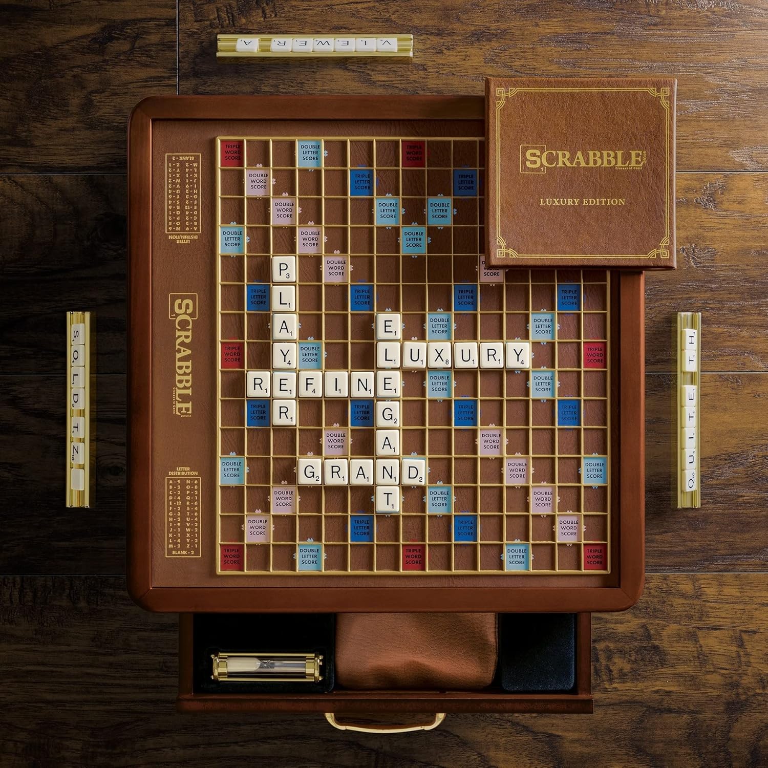 WS Game Company Scrabble Luxury Edition Rotating Wooden Board Game Set | Classic Word Game, Luxurious Wood Cabinet, Rotating Game Board