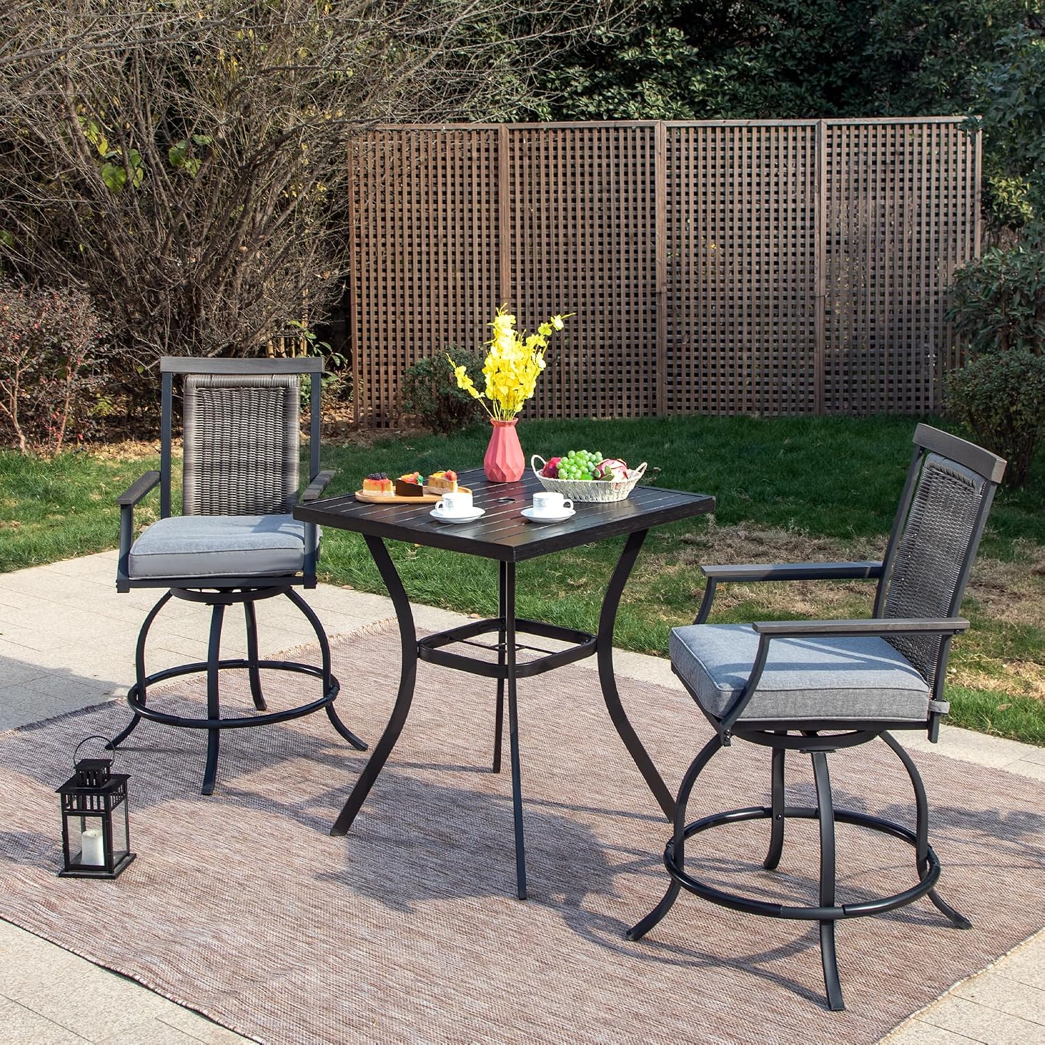 PHI VILLA Outdoor Bar Set 3 PCS Patio Bistro Table & Swivel Stools