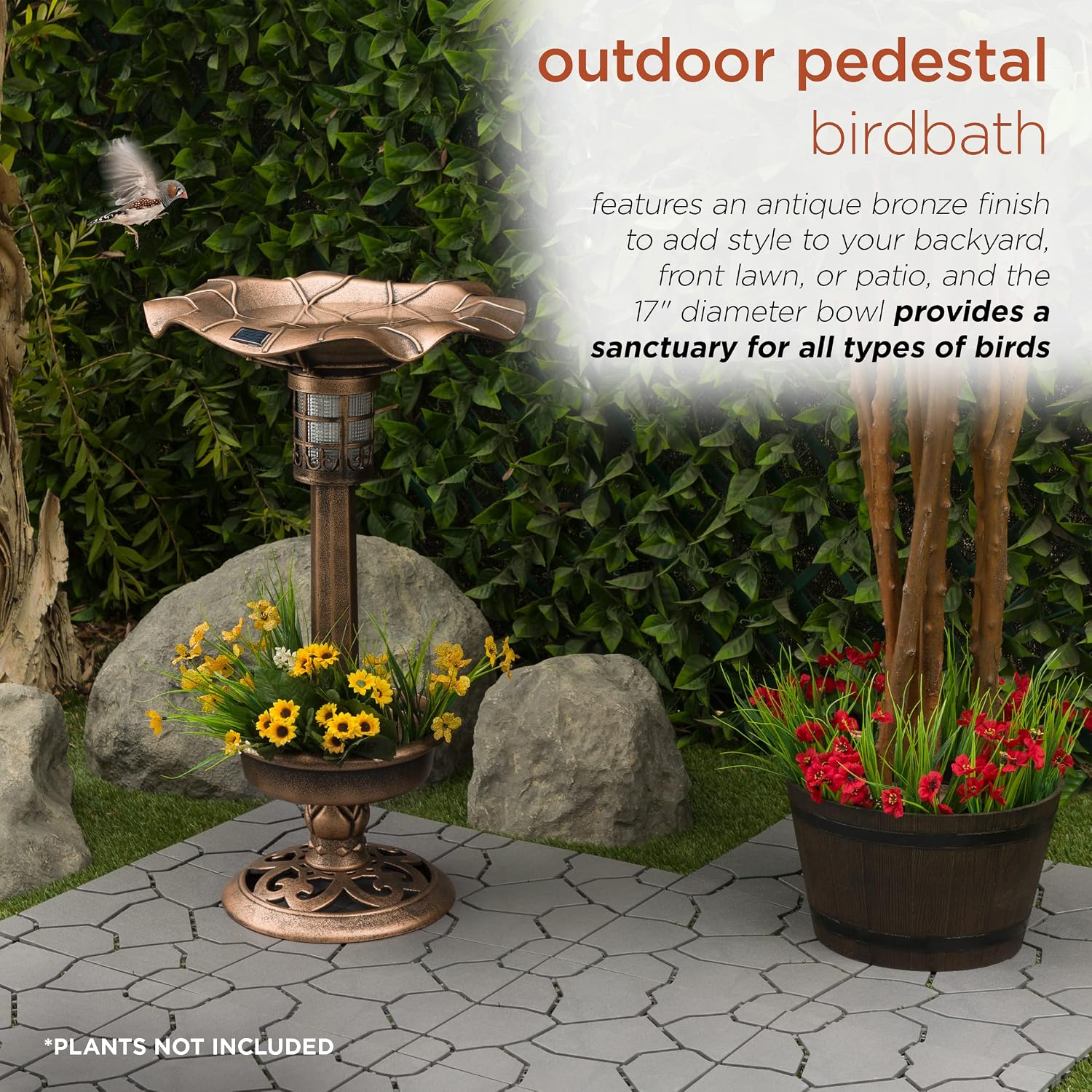 Alpine Corporation | 31" Tall Outdoor Birdbath with 2 Bird Figurines — Shallow and Wide Bird Feeder, Bronze Garden Accent