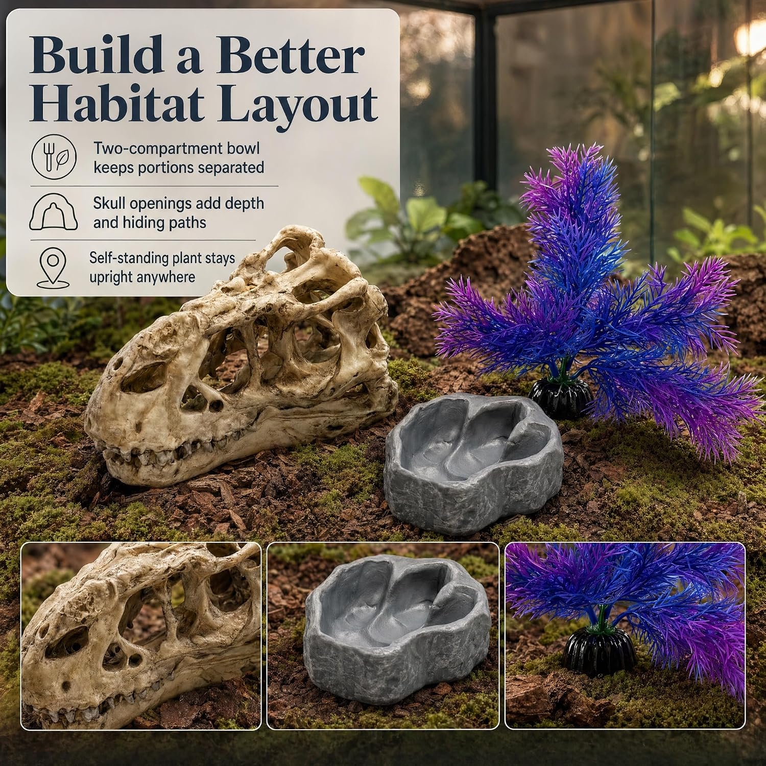 Reptile Tank Accessories Set, Dinosaur Skull Decor with Footprint Reptile Bowl and Artificial Plant, Bearded Dragon Tank Accessories
