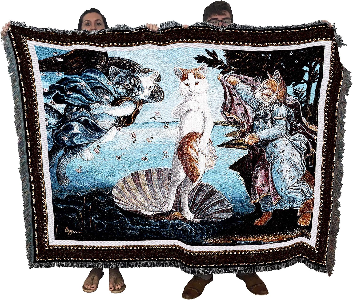 Pure Country Weavers Kitty on a Half Shell Blanket - Sandro Botticelli's The Birth of Venus Parody - Melinda Copper - Cute Funny Gift Tapestry Throw