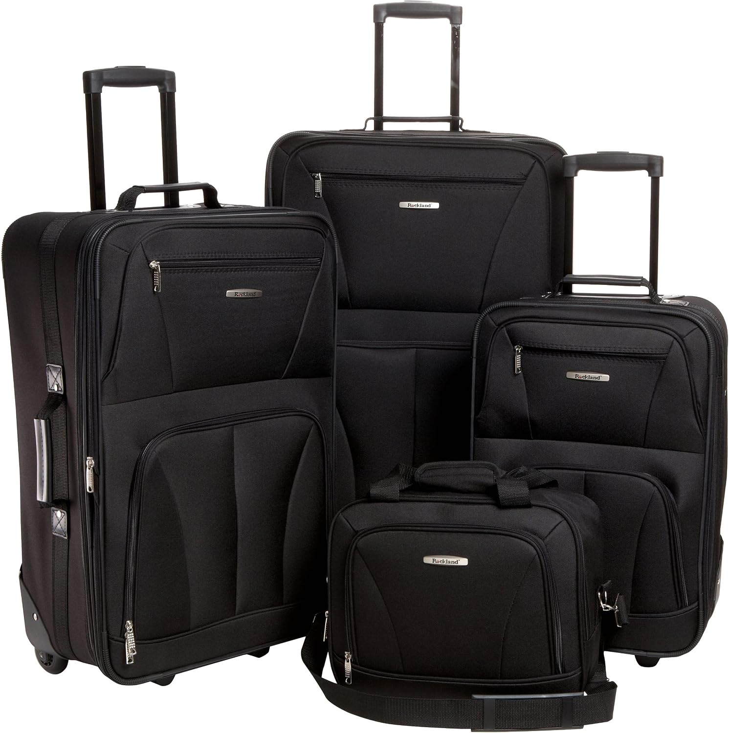 Rockland Fashion Softside Upright Luggage Set,Expandable, Telescopic Handle, Wheel, Black Dot, 2-Piece (14/19)