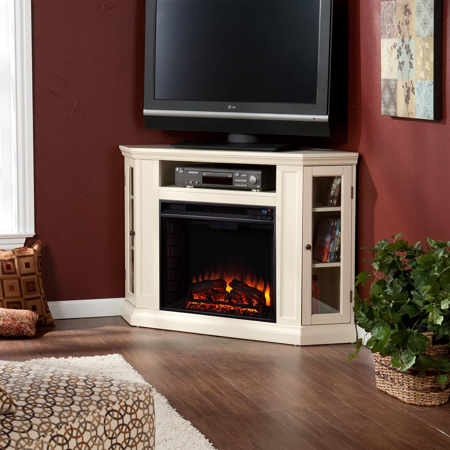 SEI Furniture Claremont Convertible Corner Electric Fireplace Media Stand with Storage, Black
