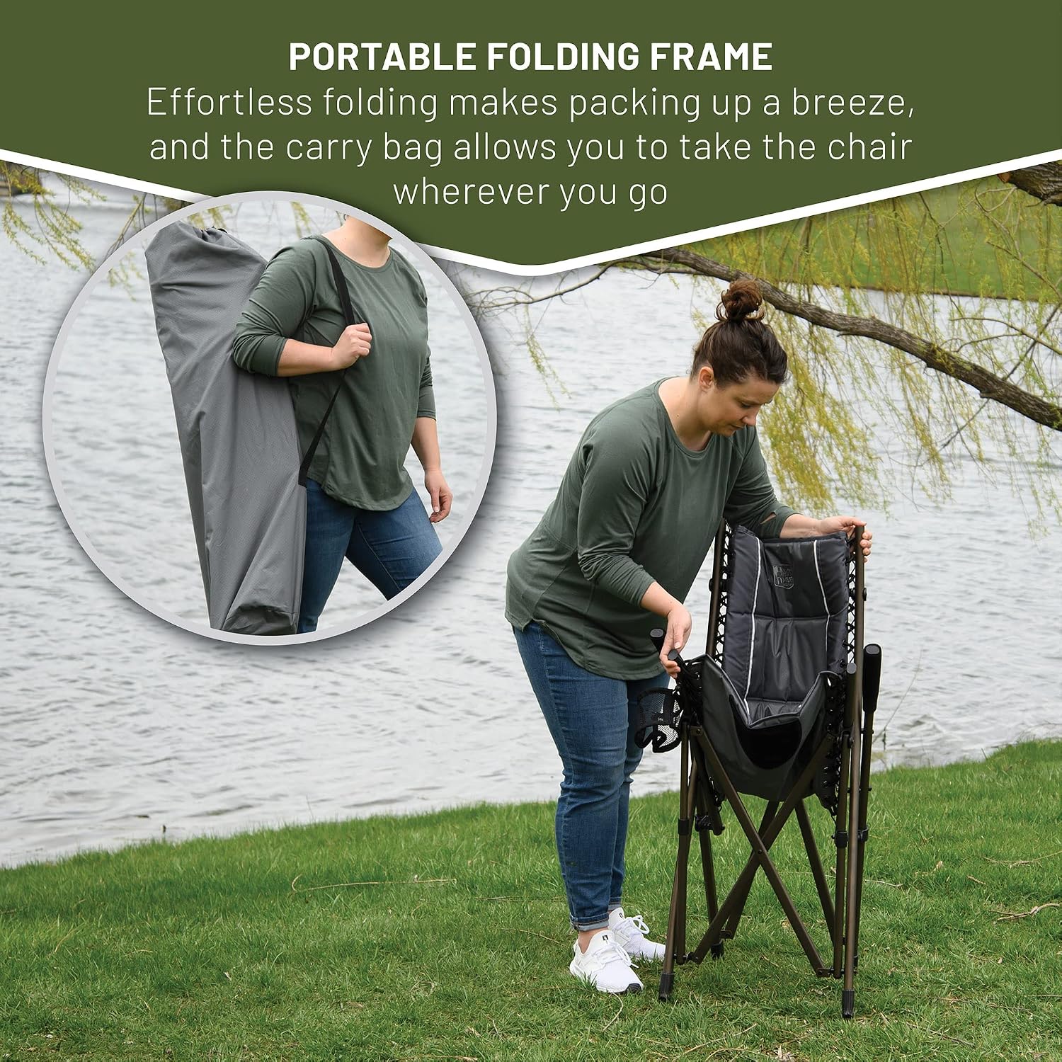 Timber Ridge Bungee Folding Camping Chairs for Adults Supports 300lbs, Grey