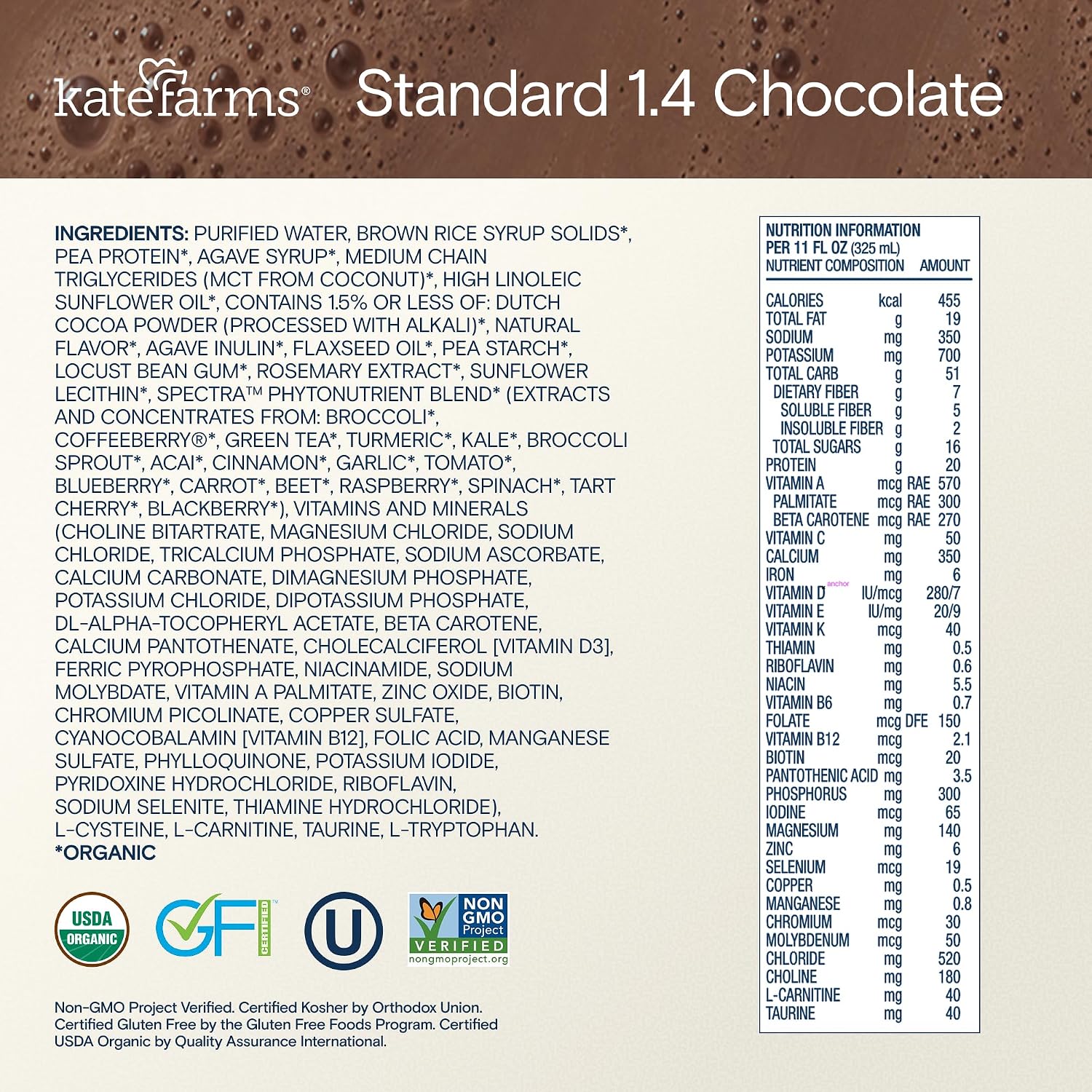 KATE FARMS Organic 1.4 High Calorie Shake, Plain, 20g Protein, 12 Pack