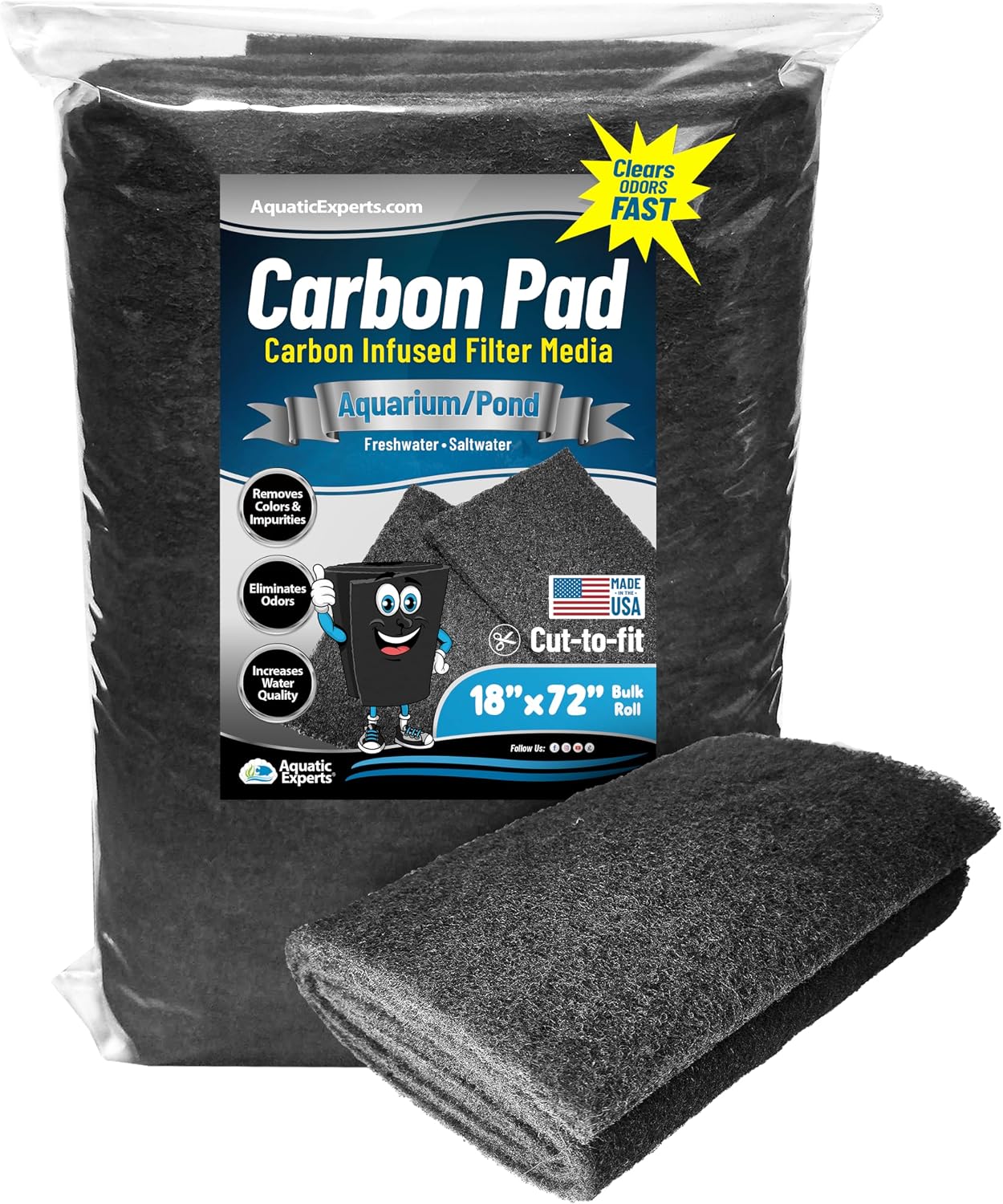 Aquarium Carbon Pad – Cut‑to‑Fit Carbon Infused Filter Pad Media for Crystal Clear Fish Tanks and Ponds, 3/8"–1/2" Thick (10.5 Inch Width