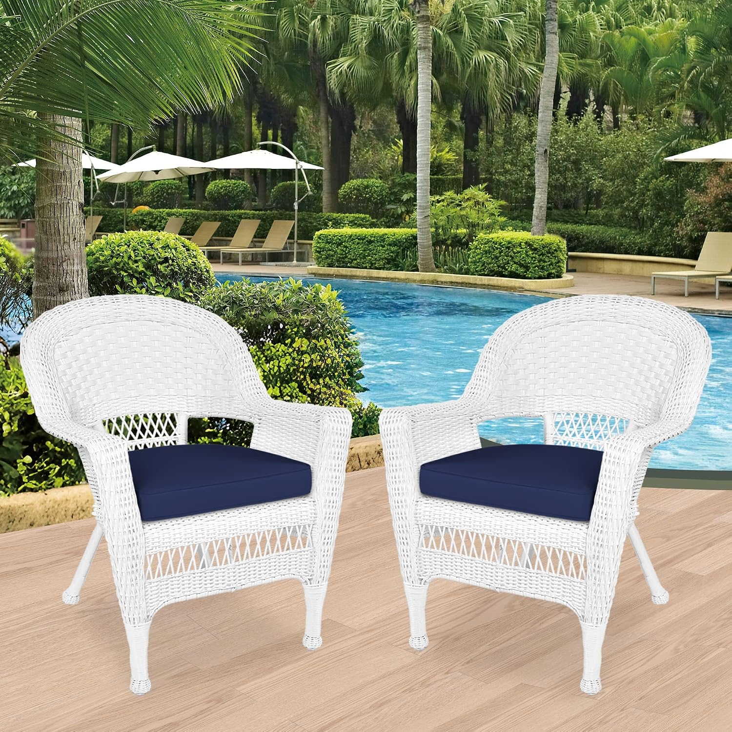 Jeco Wicker Chair with Blue Cushion, Set of 2, White/W00206-