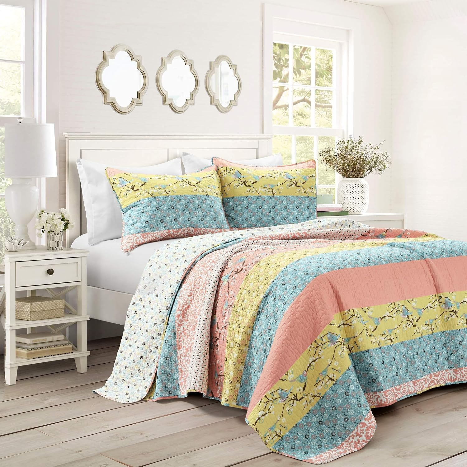 Lush Decor Royal Empire Reversible Cotton Quilt Set, 3 Piece Set Full/ Queen, Plum - Striped Bedding Set - Floral Quilt Queen Size - Purple Bedding - Boho Decor