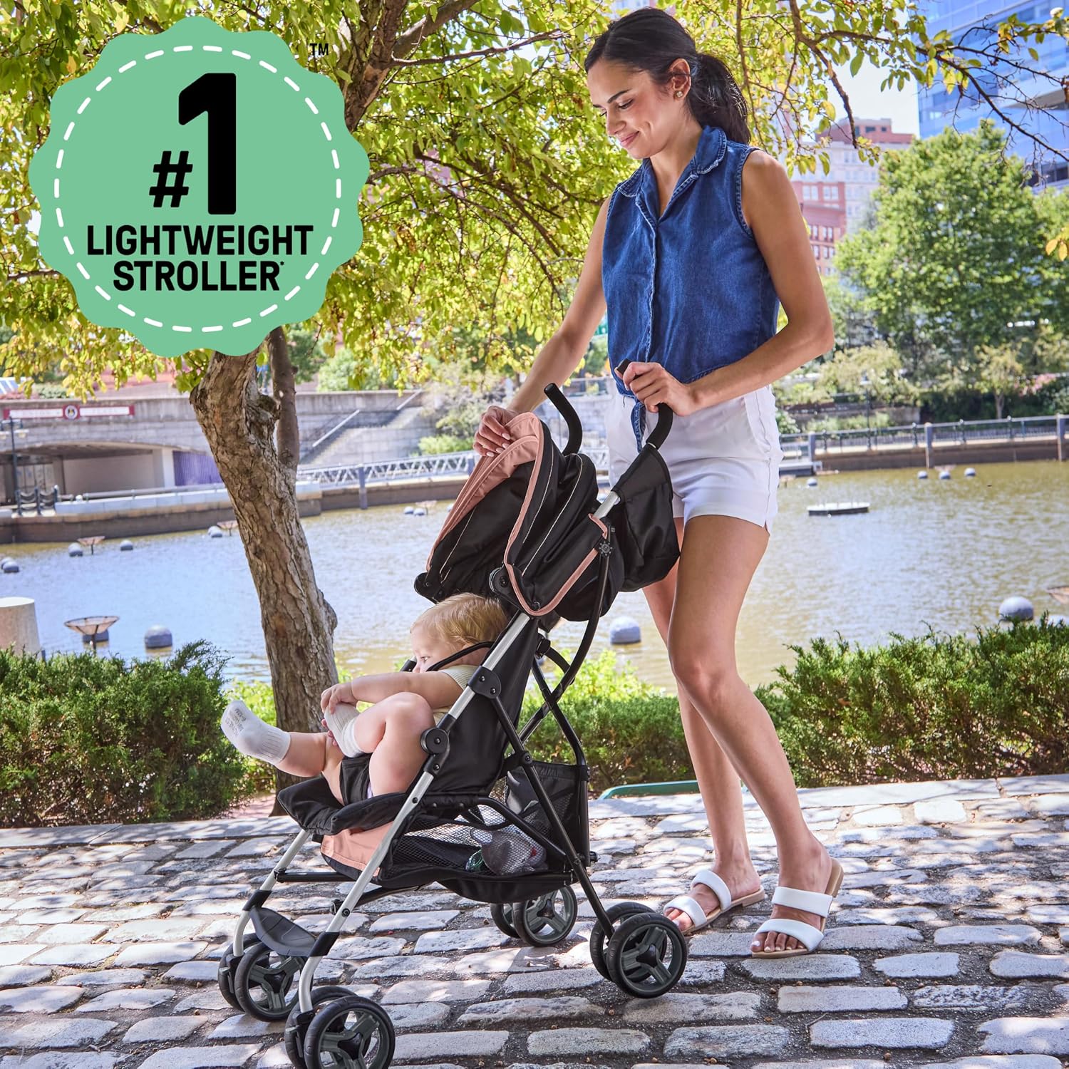 Ingenuity 3D Mini Convenience Stroller – Lightweight Stroller with Compact Fold, Multi-Position Recline, Canopy with Pop Out Sun Visor – Umbrella Stroller for Travel & More, Blue/Black