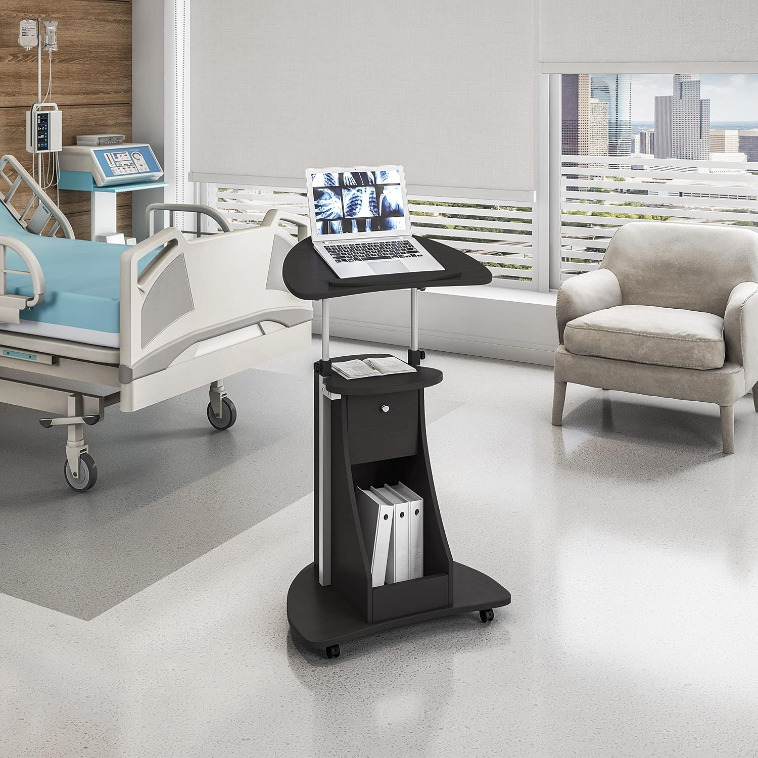 Techni Mobili Adjustable Height Rolling Laptop Cart with Storage, Graphite | Adjustable height rolling laptop cart with storage drawer, open shelf, wheels, sit‑stand design for office or medical use