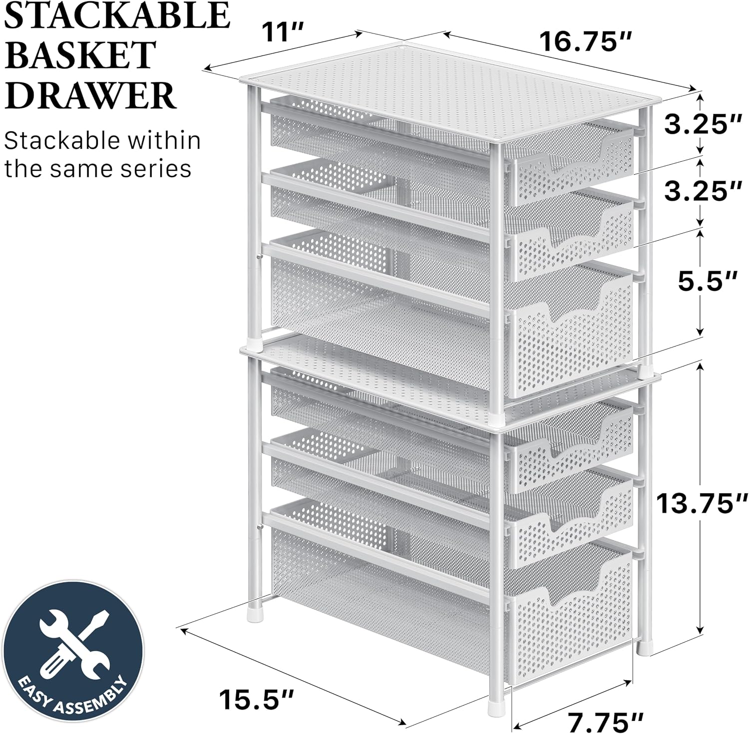 Simple Houseware Stackable 3 Tier Sliding Basket Organizer Drawer, Silver