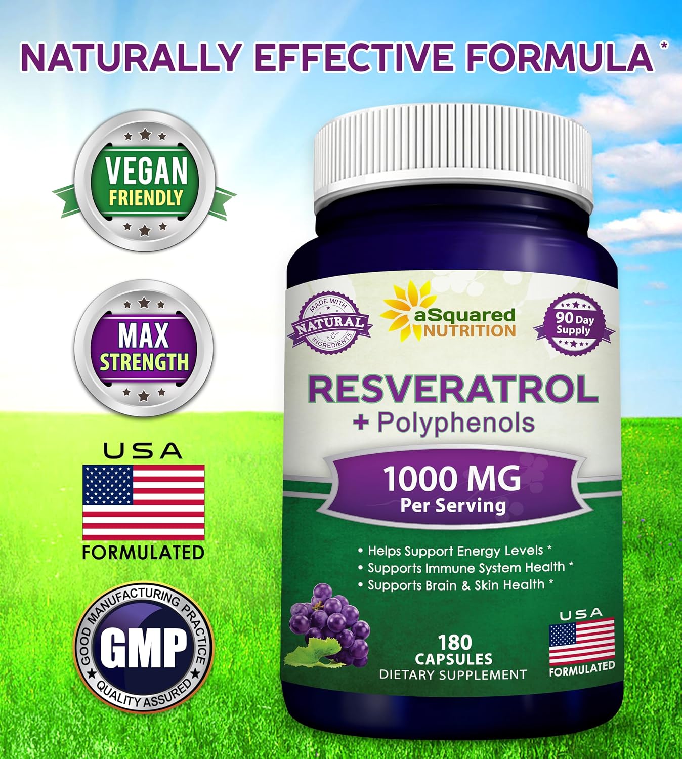 aSquared Nutrition Natural Resveratrol with Red Wine Extract - 180 Capsules - Trans Resveratrol Antioxidant Supplement Pills for Pure Heart Health