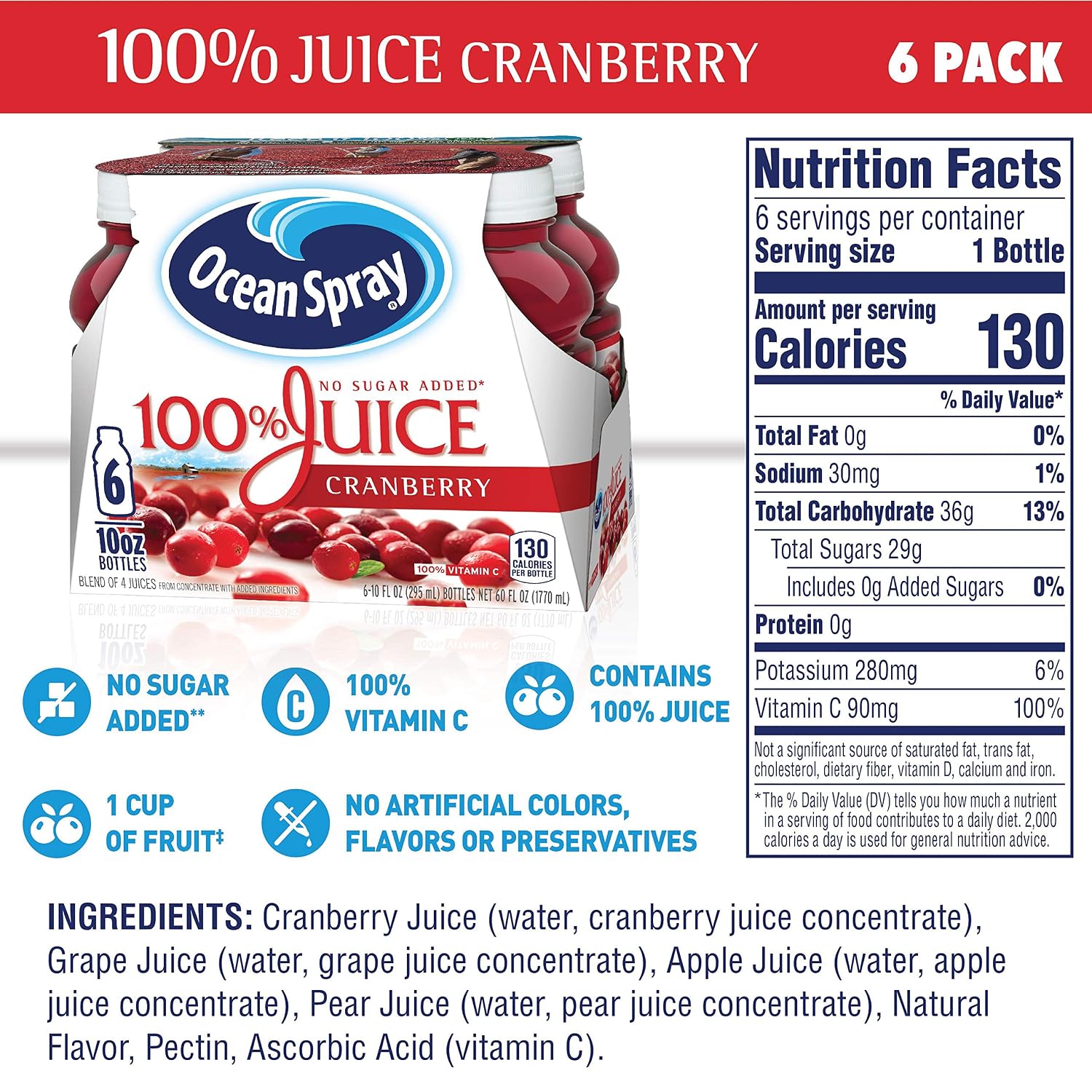 Ocean Spray 100% Juice, Cranberry Juice, 10 Ounce Bottle (Pack of 6)