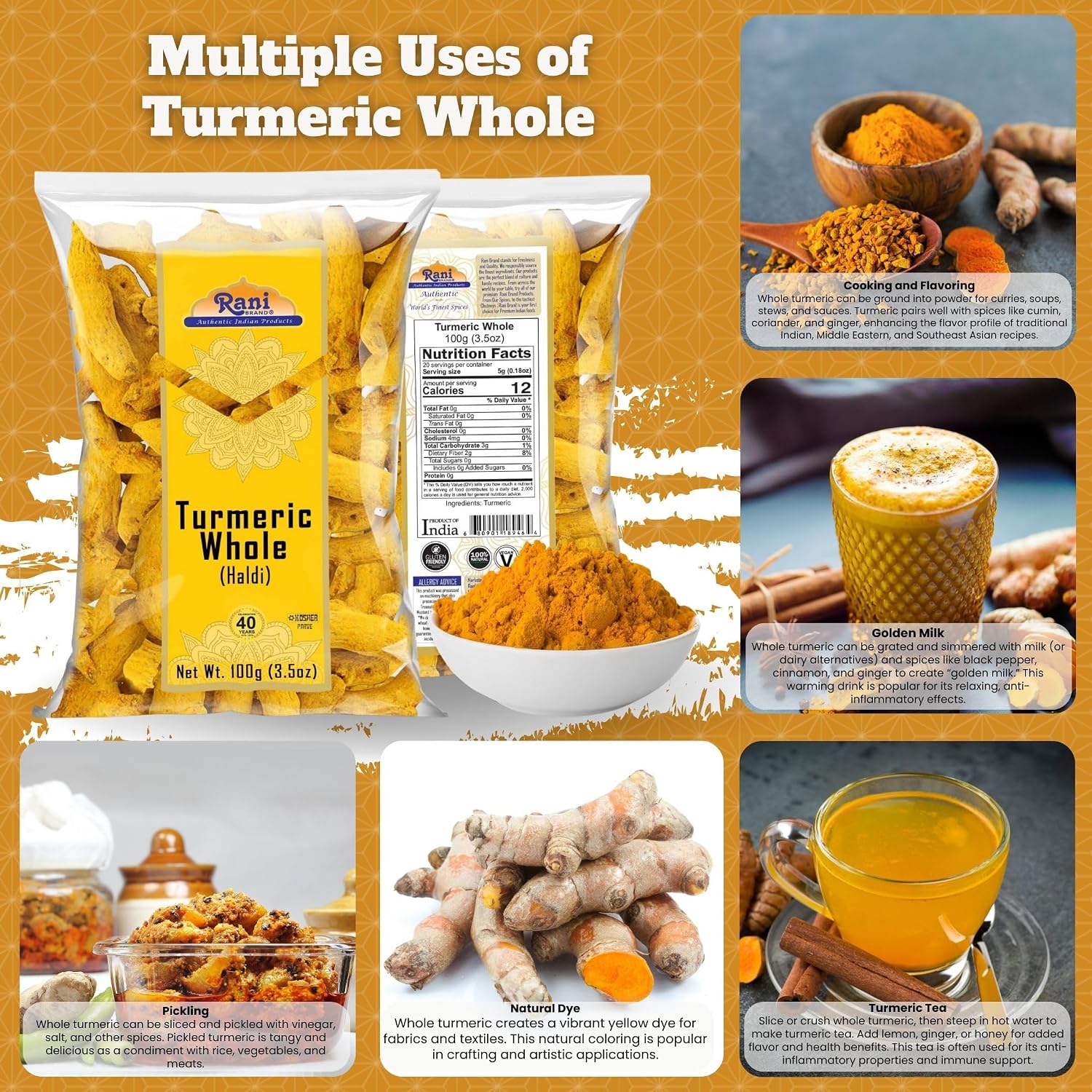 Rani Turmeric (Haldi) Root Whole Spice, Dried 7oz (200g) ~ All Natural | 100% Pure | Vegan | Gluten Friendly | NON-GMO | Kosher | Indian Origin