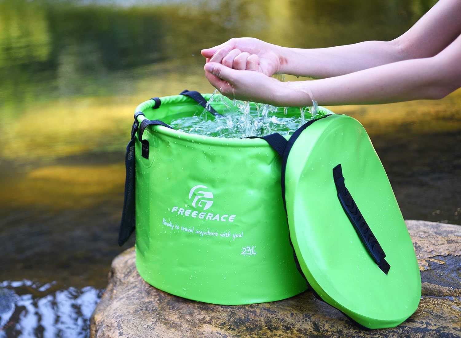 Freegrace Collapsible Bucket with Mesh Tool Pocket - 10L, 16L & 23L Portable Folding Water Container - Heavy Duty 500D Tarpaulin, BPA-Free Wash Basin for Camping, Fishing, RV, and Car Washing