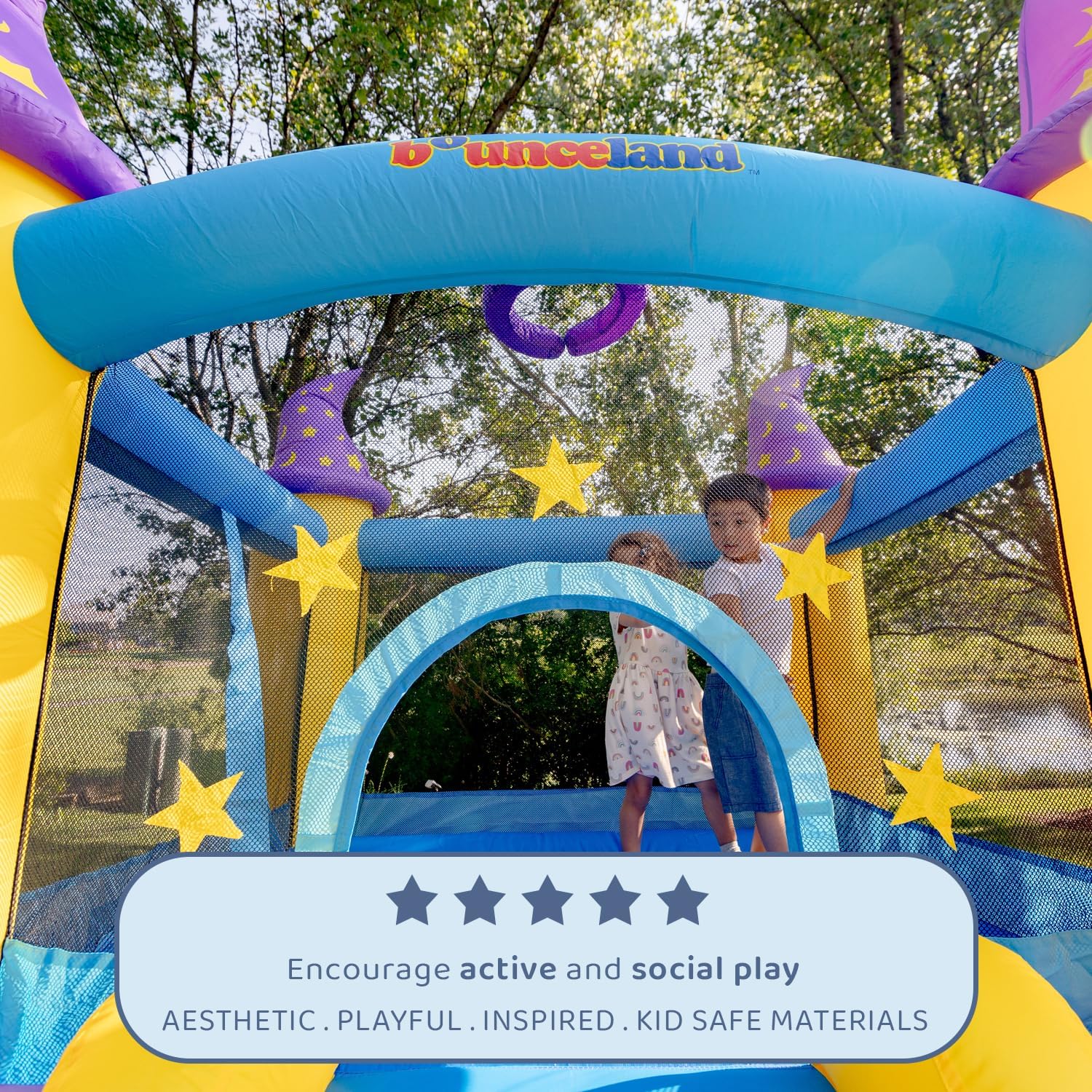 Wizard Inflatable Bounce House Bouncer, Spacious Bouncing Area with Fun Slide, Safe hook-and-loop fastener Entrance, Basketball Hoop