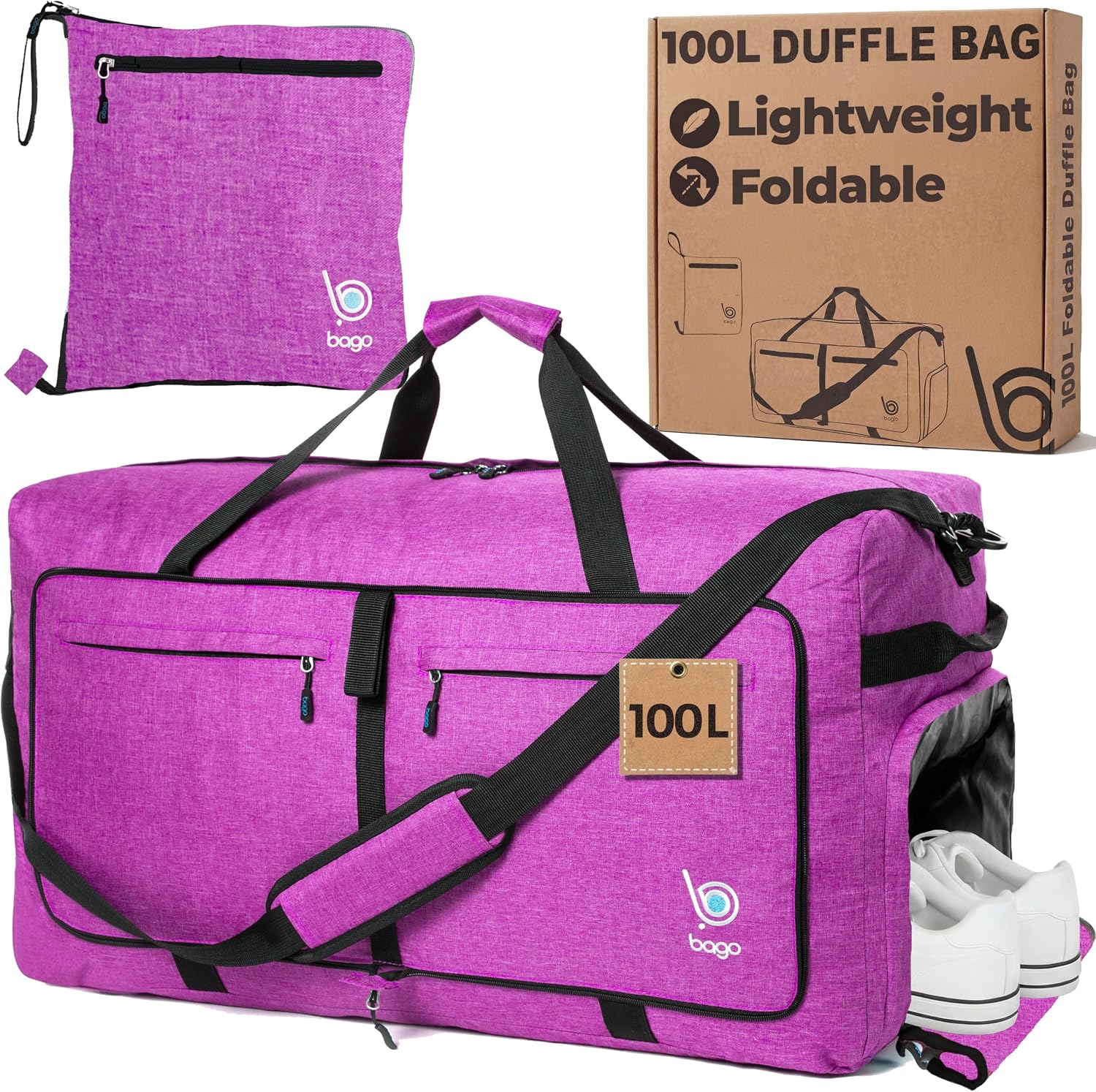 Bago Large Duffle Bag for Travel Women & Men. Durable Lightweight Foldable Travel Duffel Bags For Traveling Women. 80L Duffle Bags For Overnight Bag With Shoe Compartment Collapsible Weekender duffel