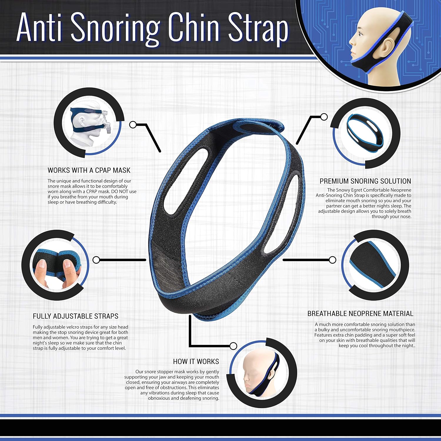 Anti Snoring Chin Strap - Chin Strap for Sleeping, Snoring Solution