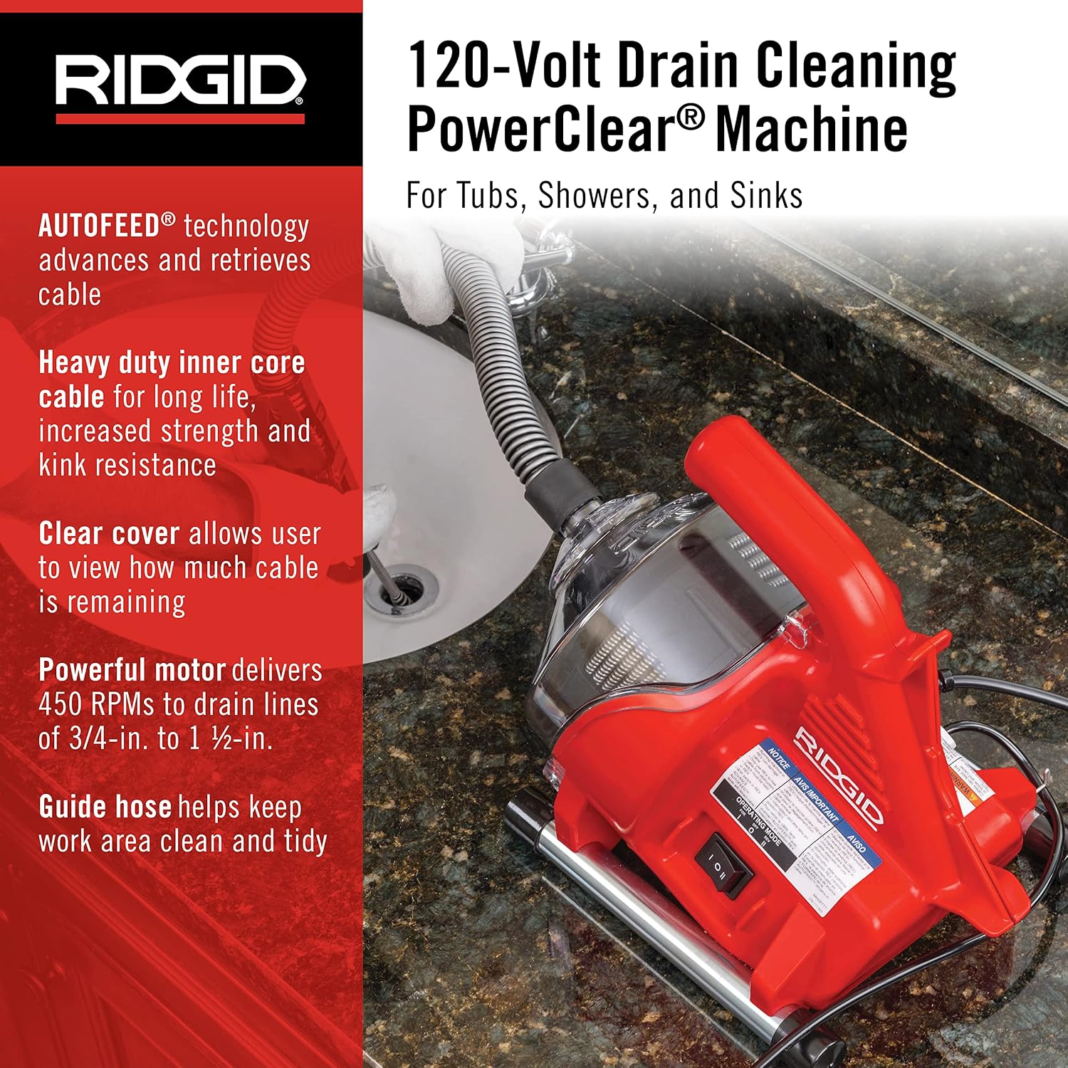 RIDGID 55808 PowerClear 120-Volt Drain Cleaning Machine Kit for Tubs, Showers, and Sinks, Drain Cleaner Machine Kit with AUTOFEED, Inner Core Cable