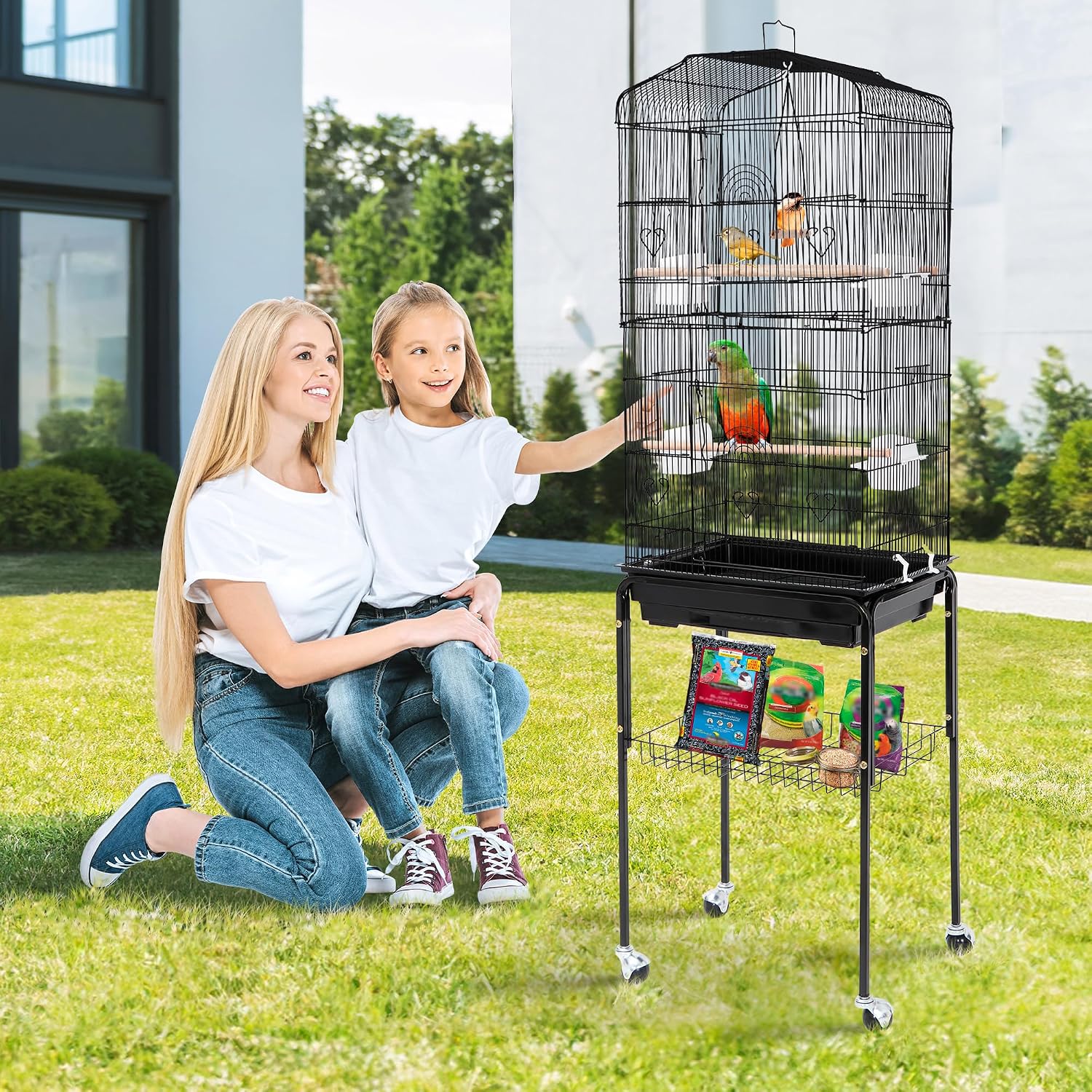 ZENY 63.4 Inch Bird Cage, Rolling Wrought Iron Parrot Cage | with Side-out Tray, Storage Shelf